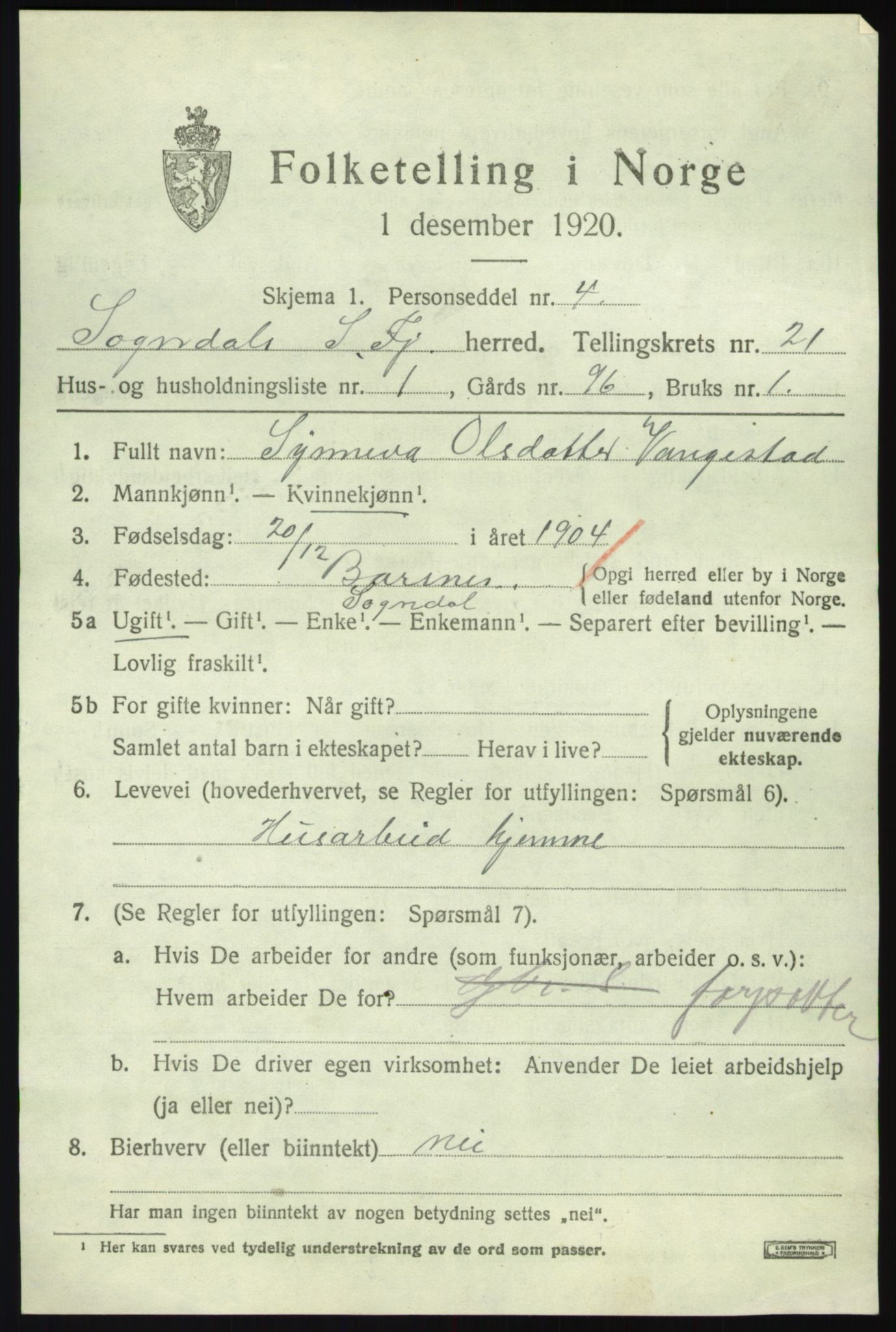 SAB, 1920 census for Sogndal, 1920, p. 7707