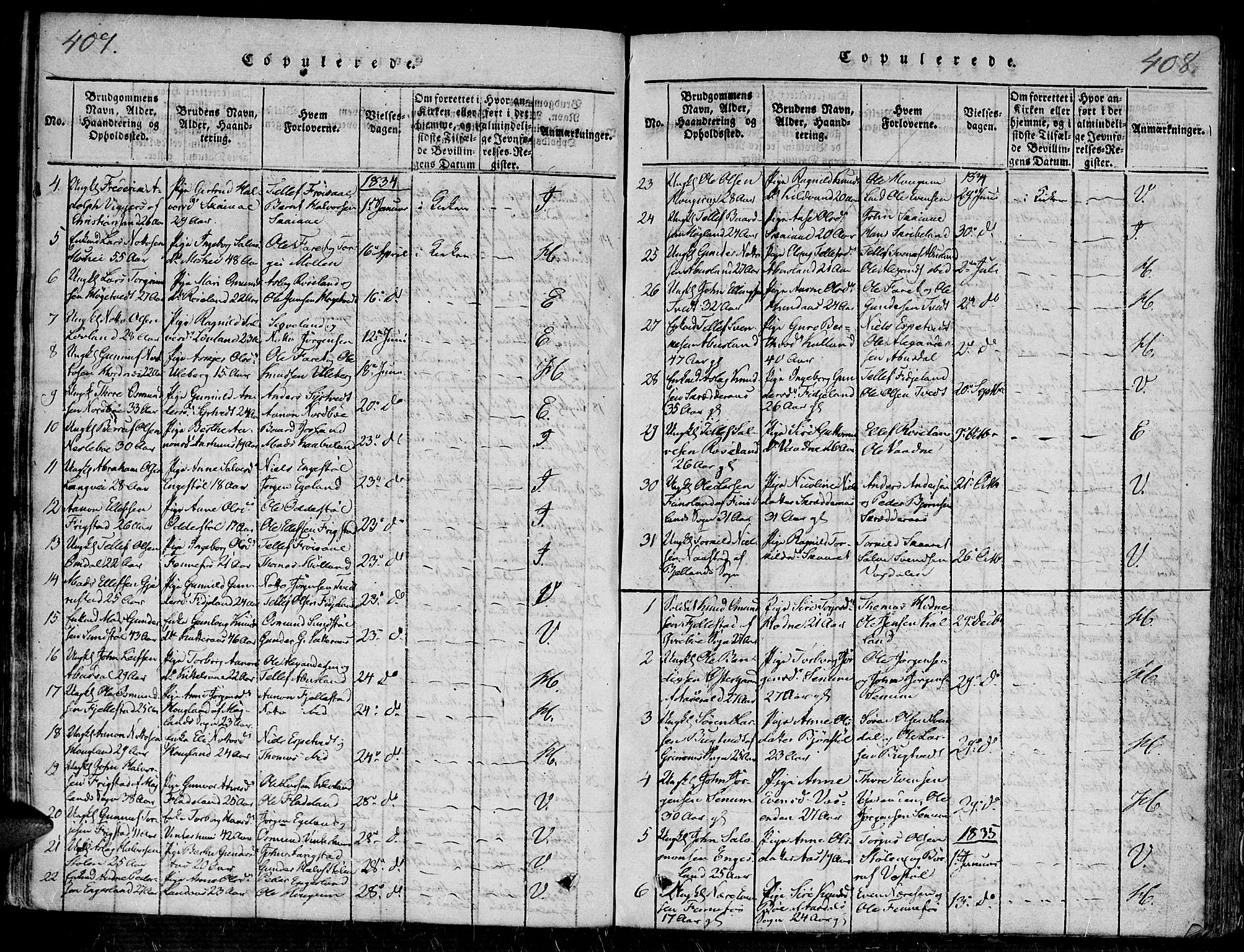 Evje sokneprestkontor, SAK/1111-0008/F/Fa/Faa/L0004: Parish register (official) no. A 4, 1816-1840, p. 407-408
