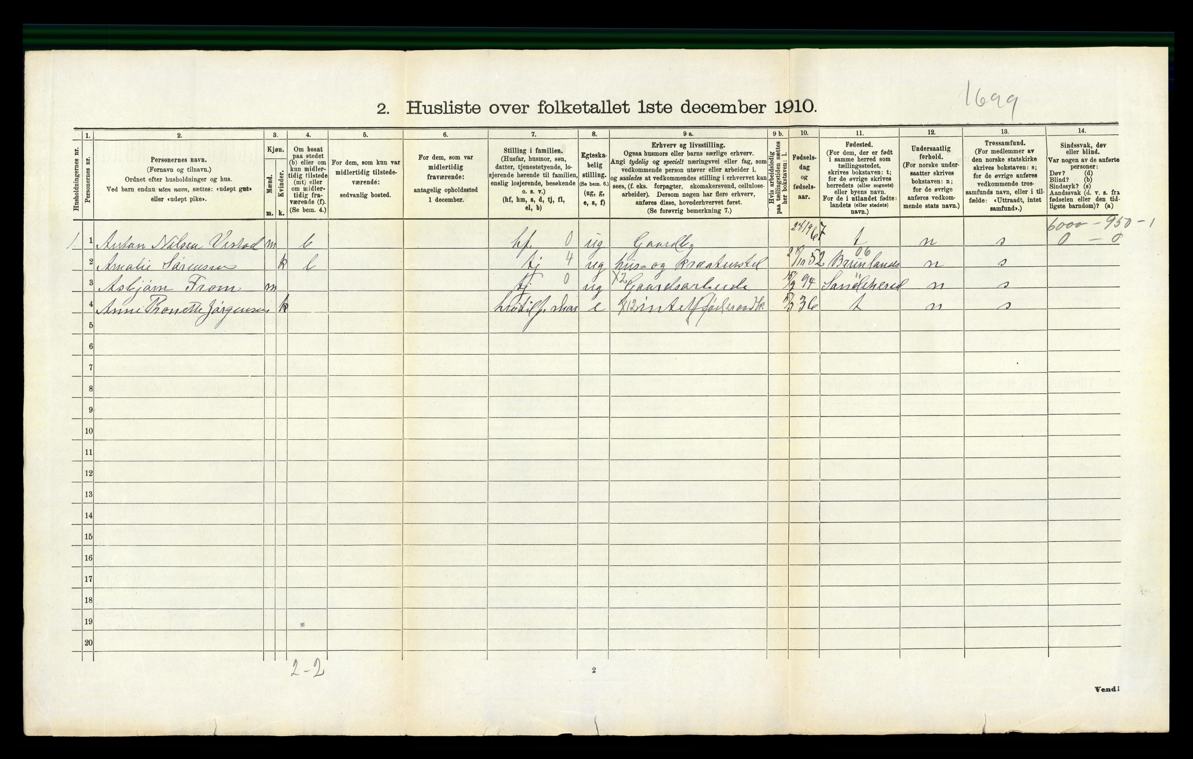 RA, 1910 census for Tjølling, 1910, p. 916