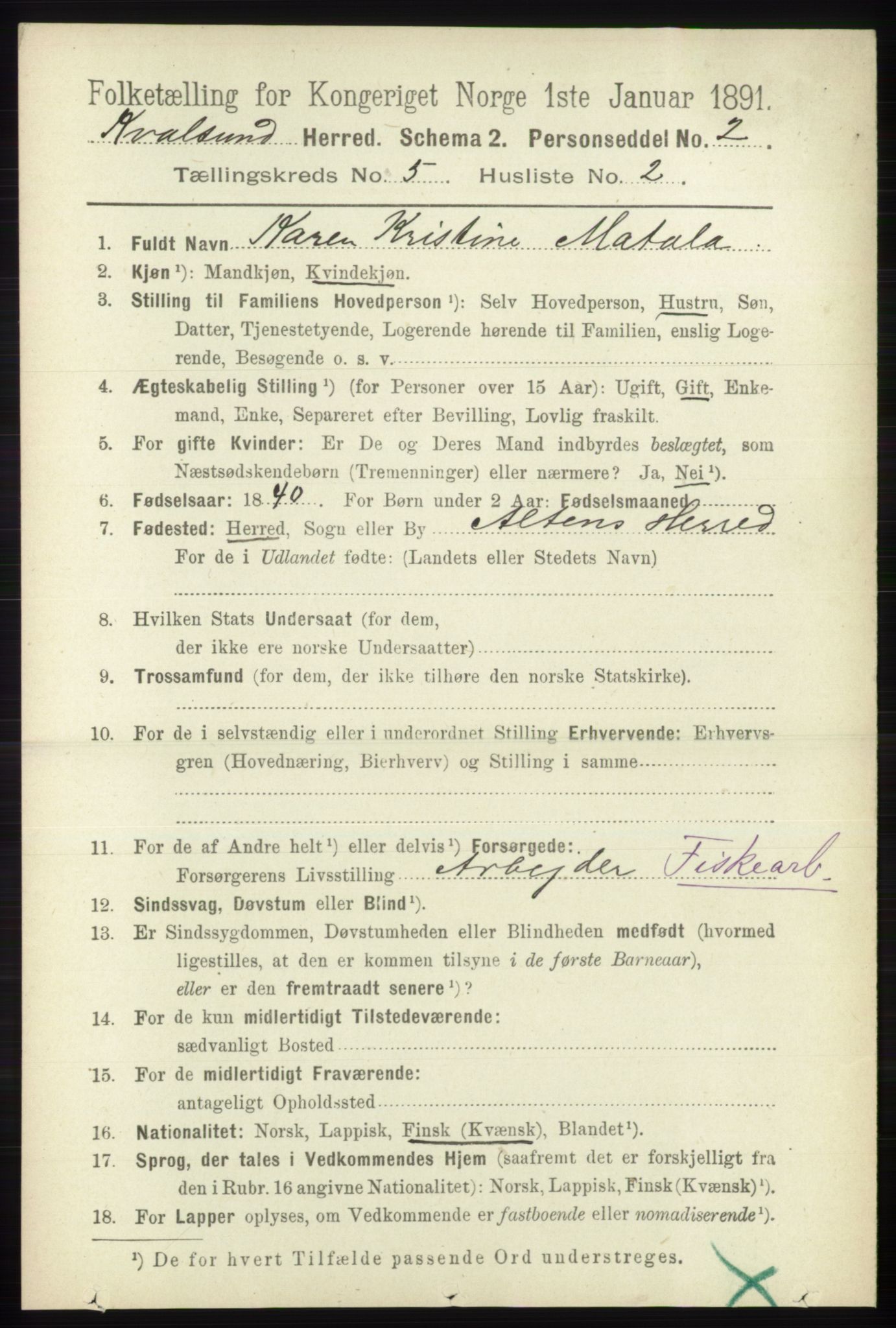 RA, 1891 census for 2017 Kvalsund, 1891, p. 524