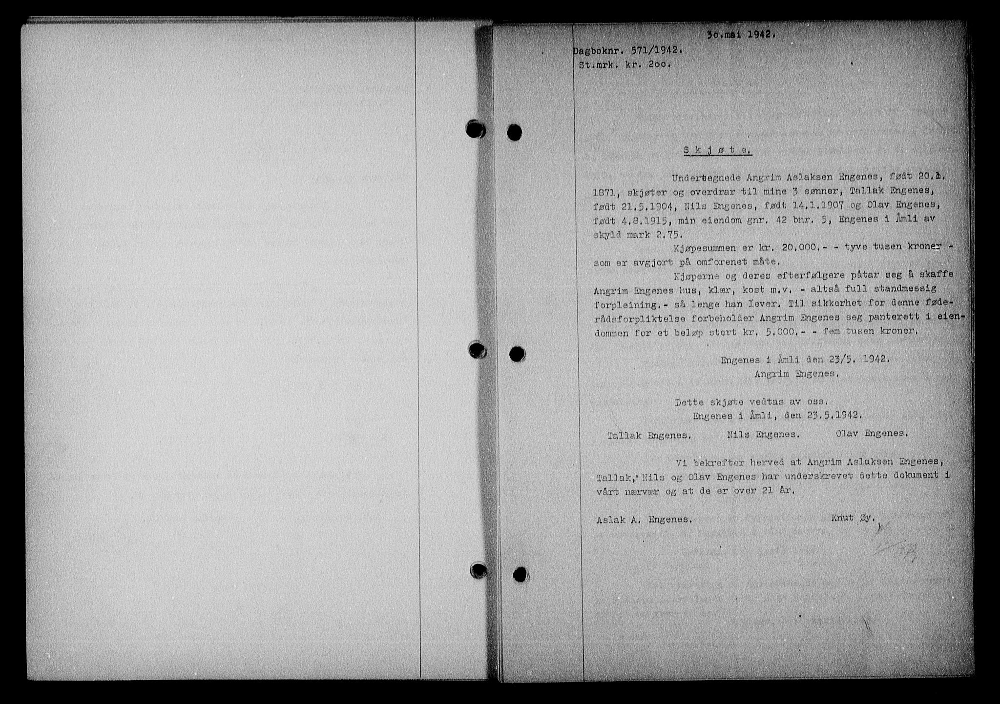 Nedenes sorenskriveri, SAK/1221-0006/G/Gb/Gba/L0049: Mortgage book no. A-III, 1941-1942, Diary no: : 571/1942