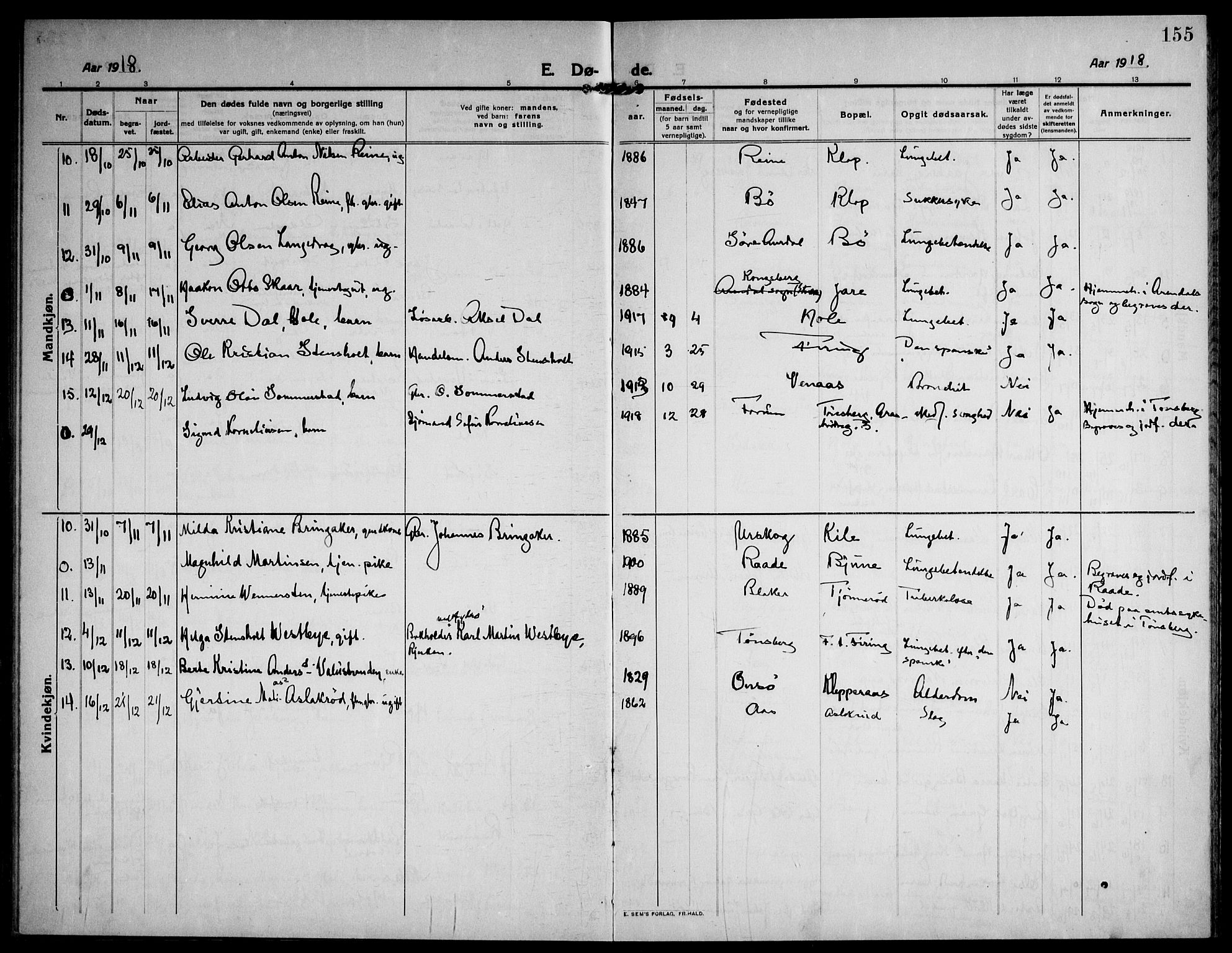 Ramnes kirkebøker, SAKO/A-314/F/Fa/L0009: Parish register (official) no. I 9, 1912-1929, p. 155