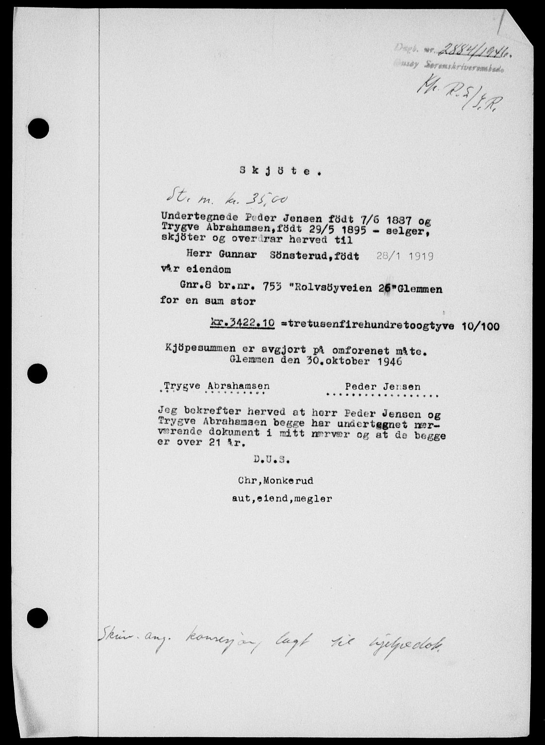 Onsøy sorenskriveri, SAO/A-10474/G/Ga/Gab/L0018: Mortgage book no. II A-18, 1946-1947, Diary no: : 2884/1946