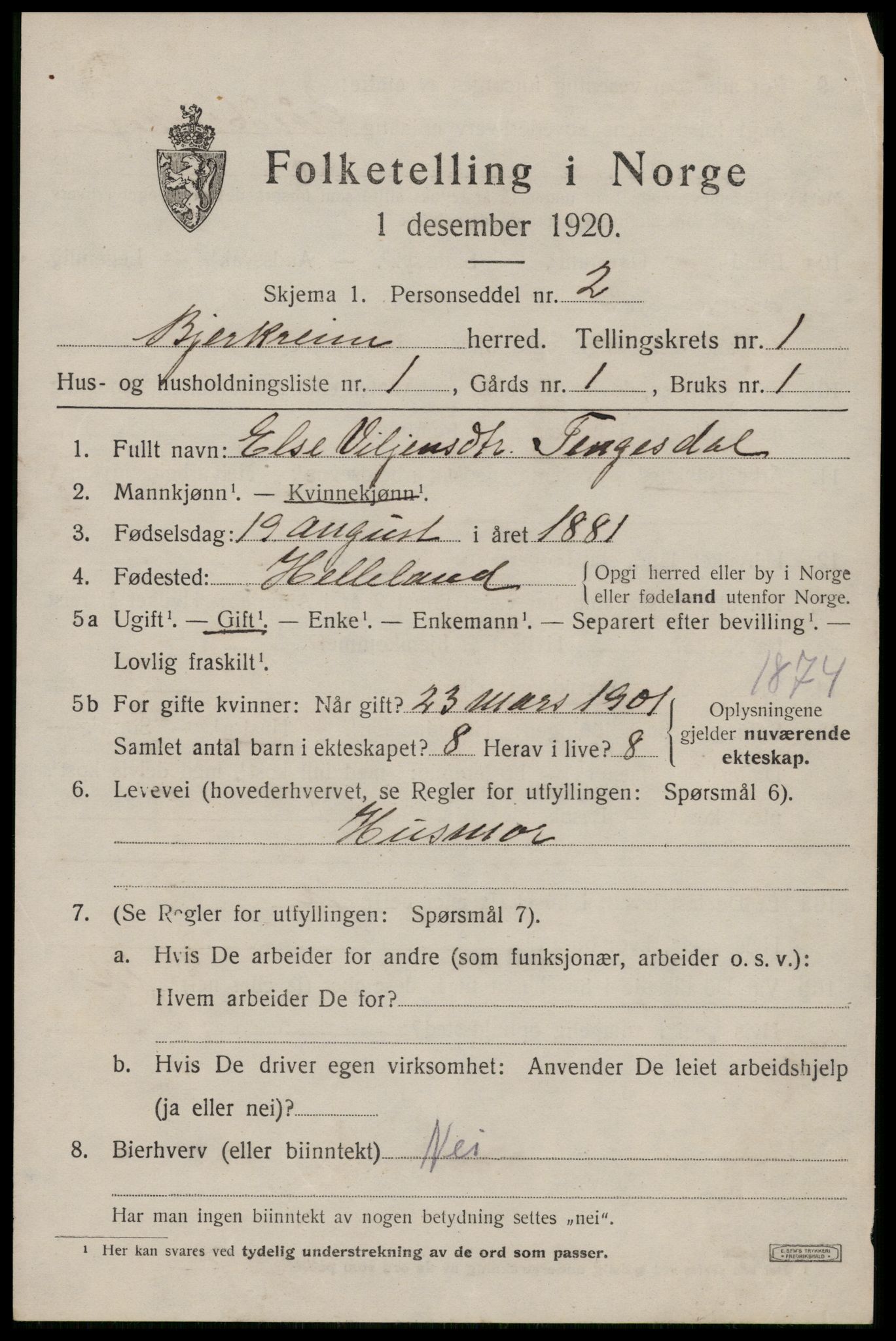 SAST, 1920 census for Bjerkreim, 1920, p. 588