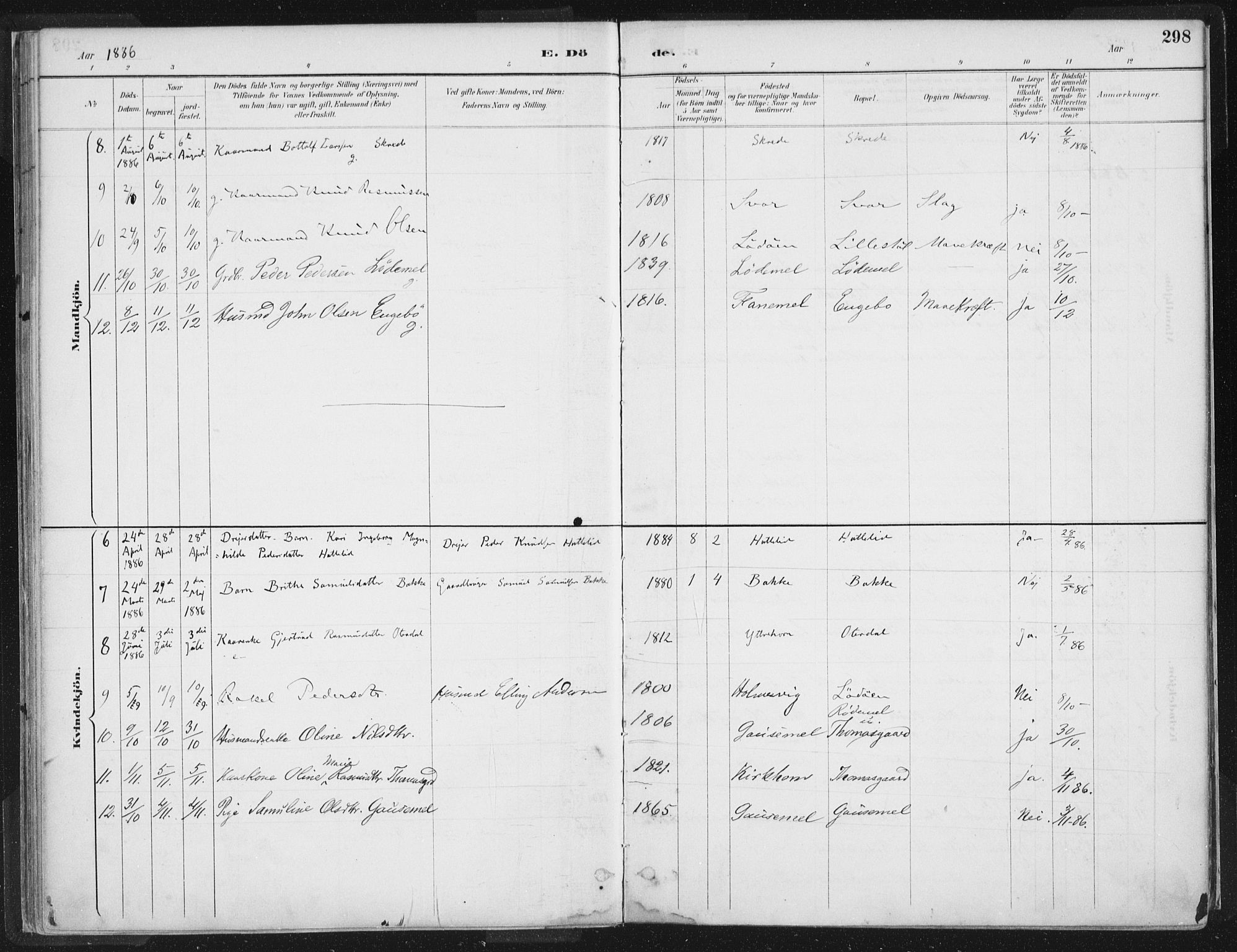 Hornindal sokneprestembete, AV/SAB-A-82401/H/Haa/Haaa/L0003/0002: Parish register (official) no. A 3B, 1885-1917, p. 298