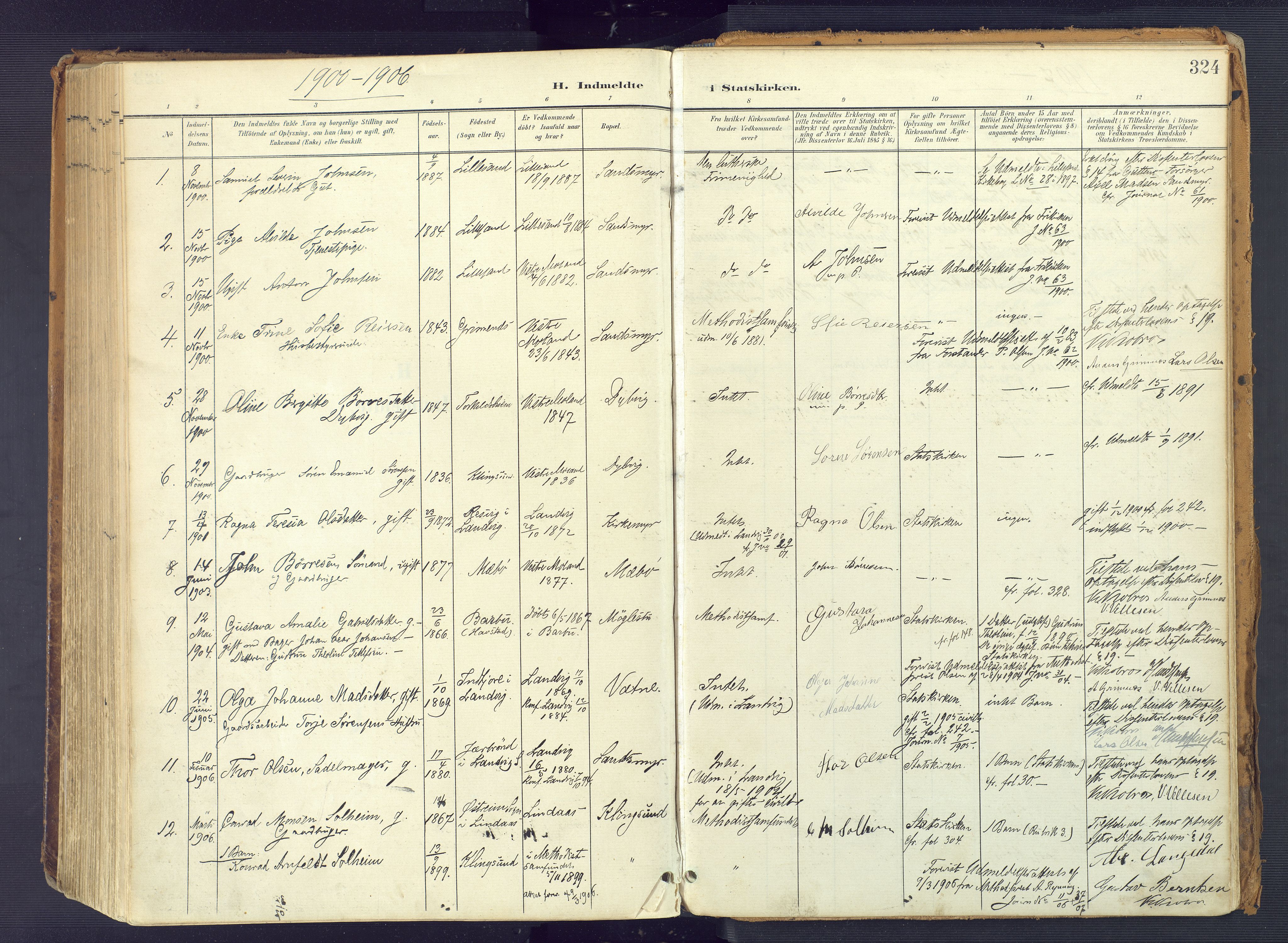 Vestre Moland sokneprestkontor, SAK/1111-0046/F/Fa/Fab/L0010: Parish register (official) no. A 10, 1900-1926, p. 324