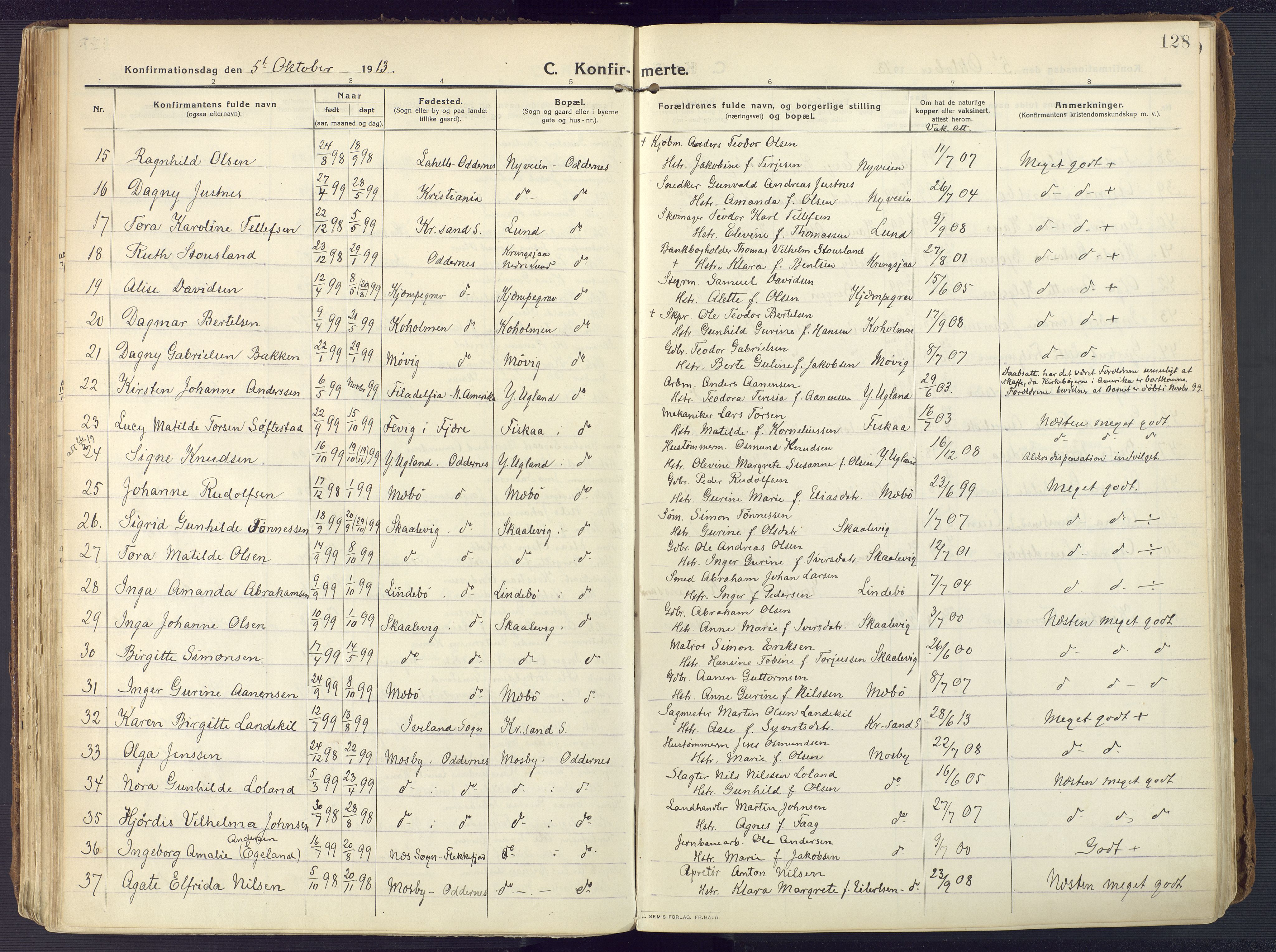 Oddernes sokneprestkontor, AV/SAK-1111-0033/F/Fa/Faa/L0012: Parish register (official) no. A 12, 1912-1925, p. 128