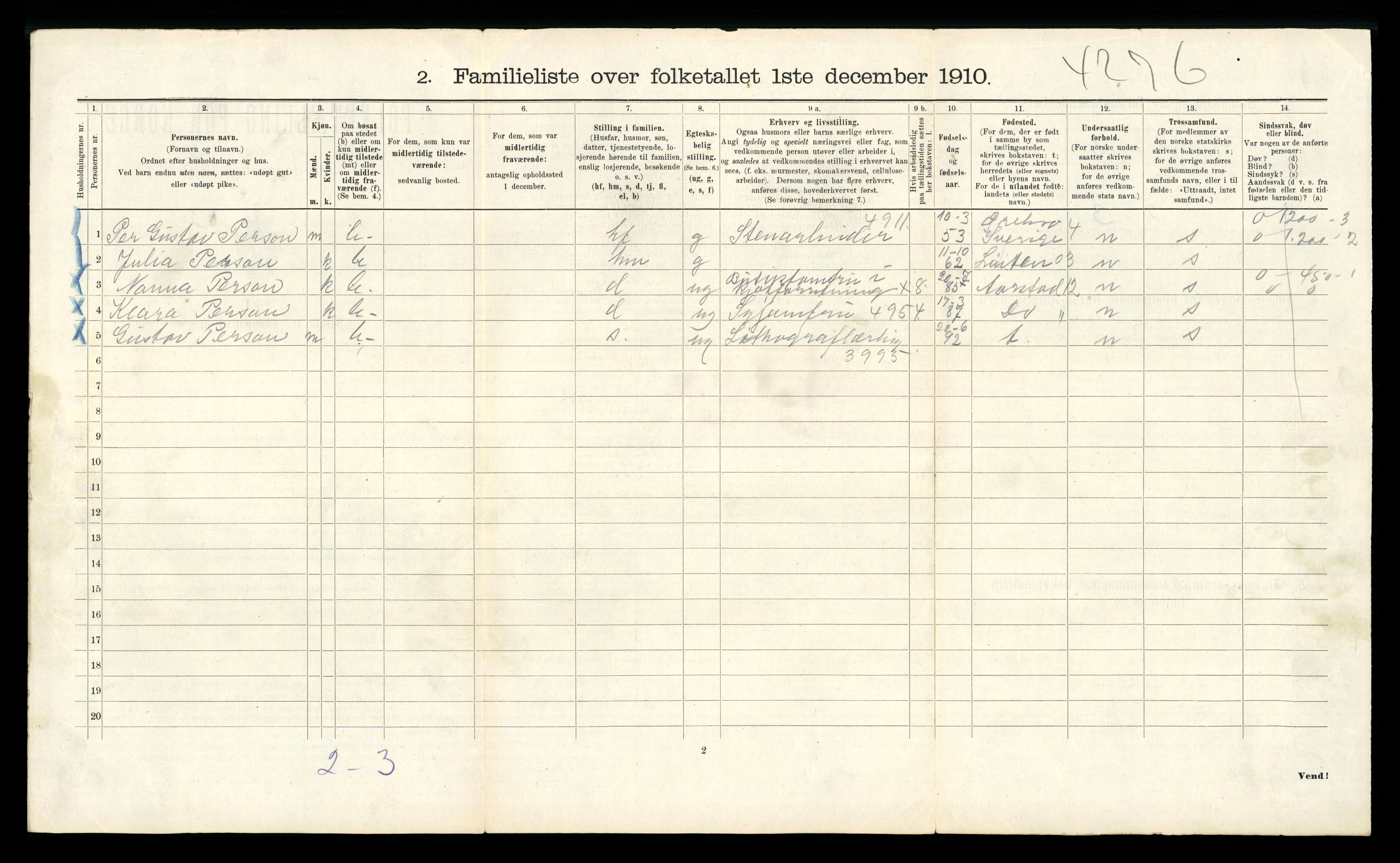 RA, 1910 census for Bergen, 1910, p. 5432