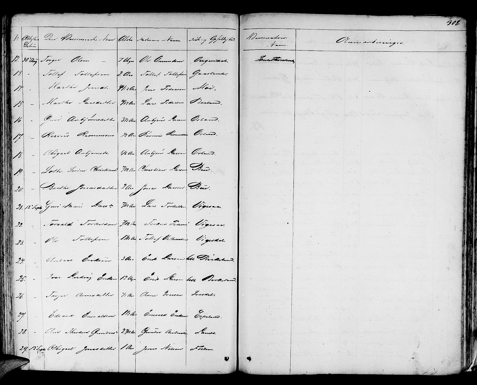 Helleland sokneprestkontor, AV/SAST-A-101810: Parish register (copy) no. B 3, 1847-1886, p. 308