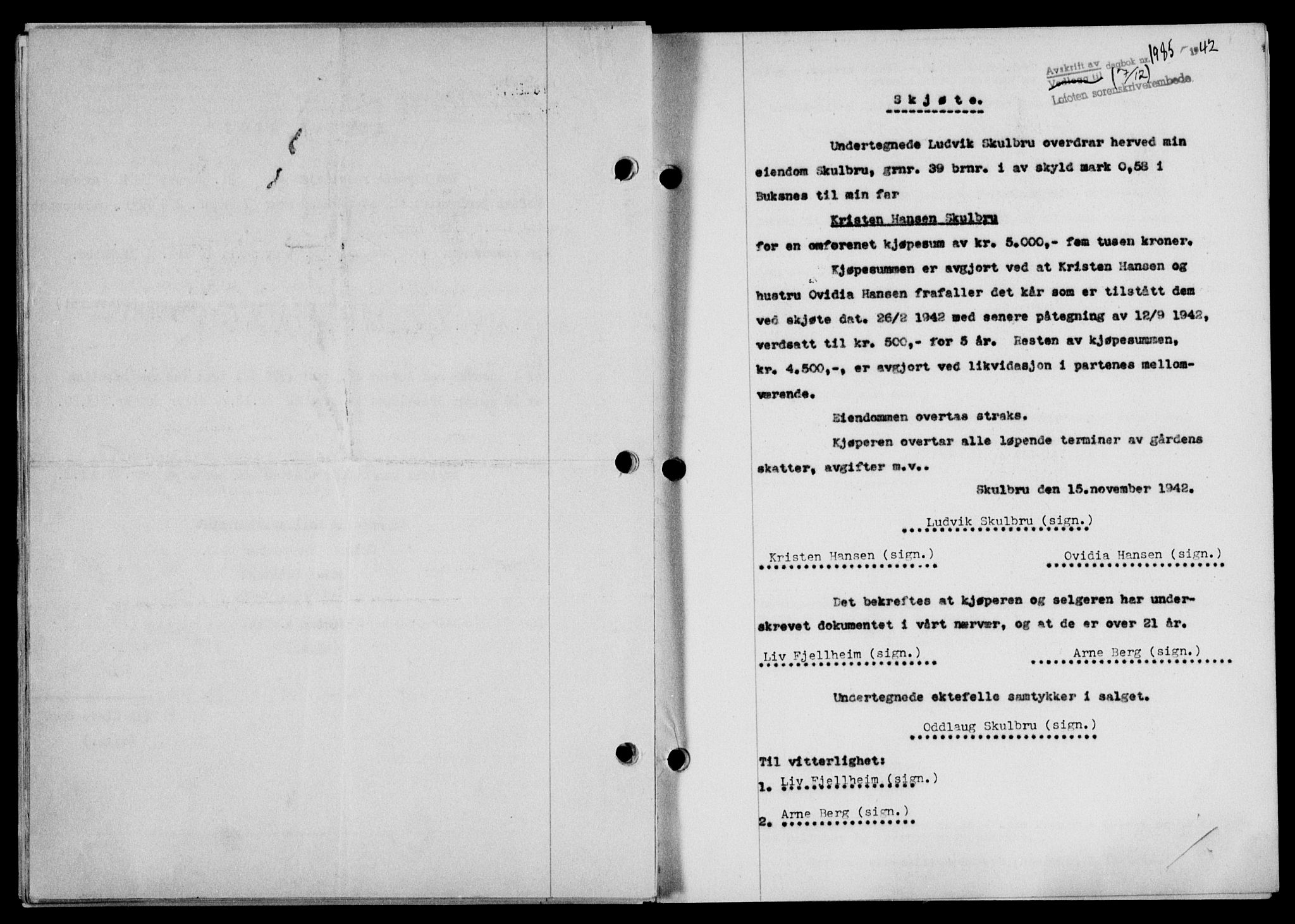 Lofoten sorenskriveri, SAT/A-0017/1/2/2C/L0010a: Mortgage book no. 10a, 1942-1943, Diary no: : 1985/1942