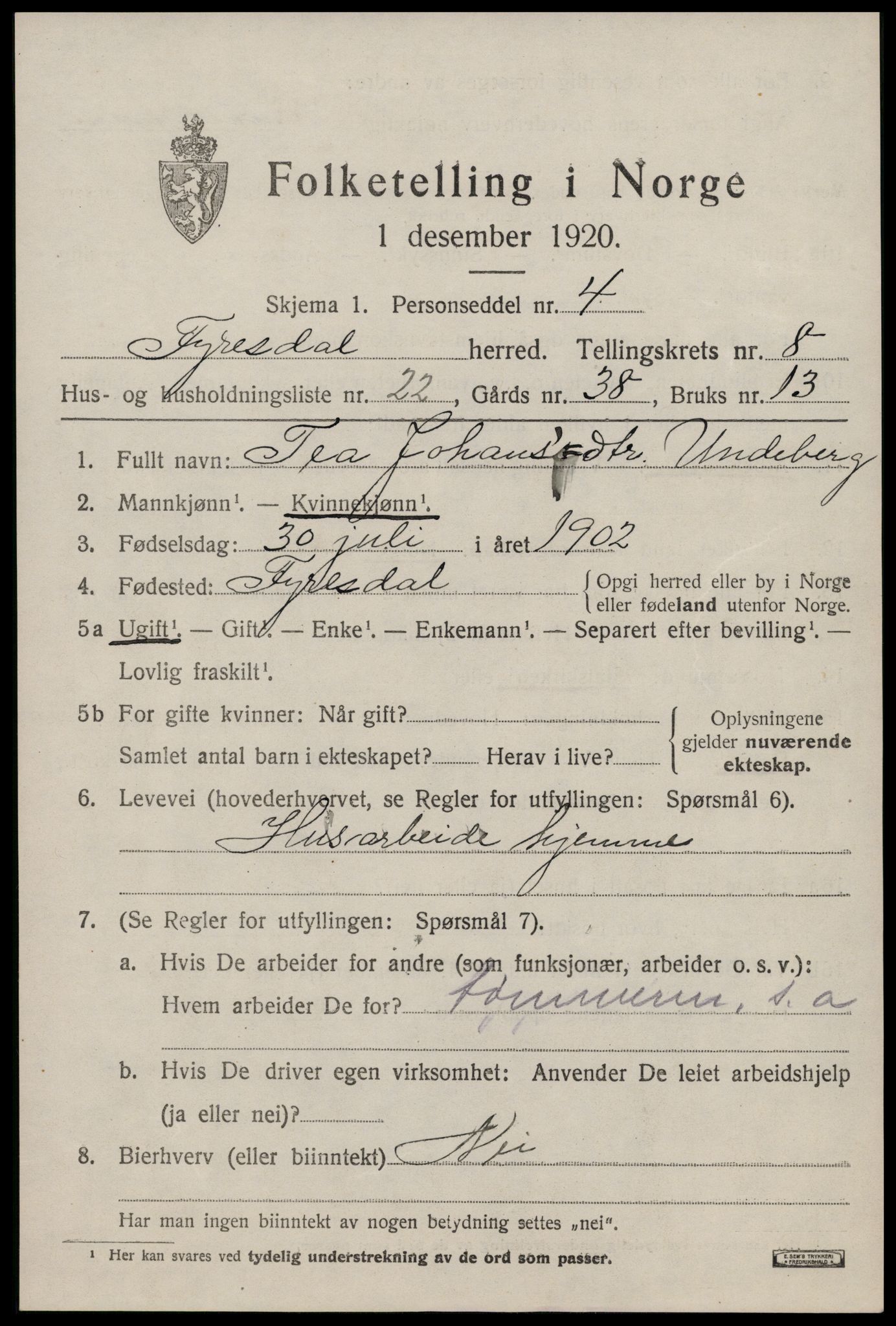 SAKO, 1920 census for Fyresdal, 1920, p. 3521