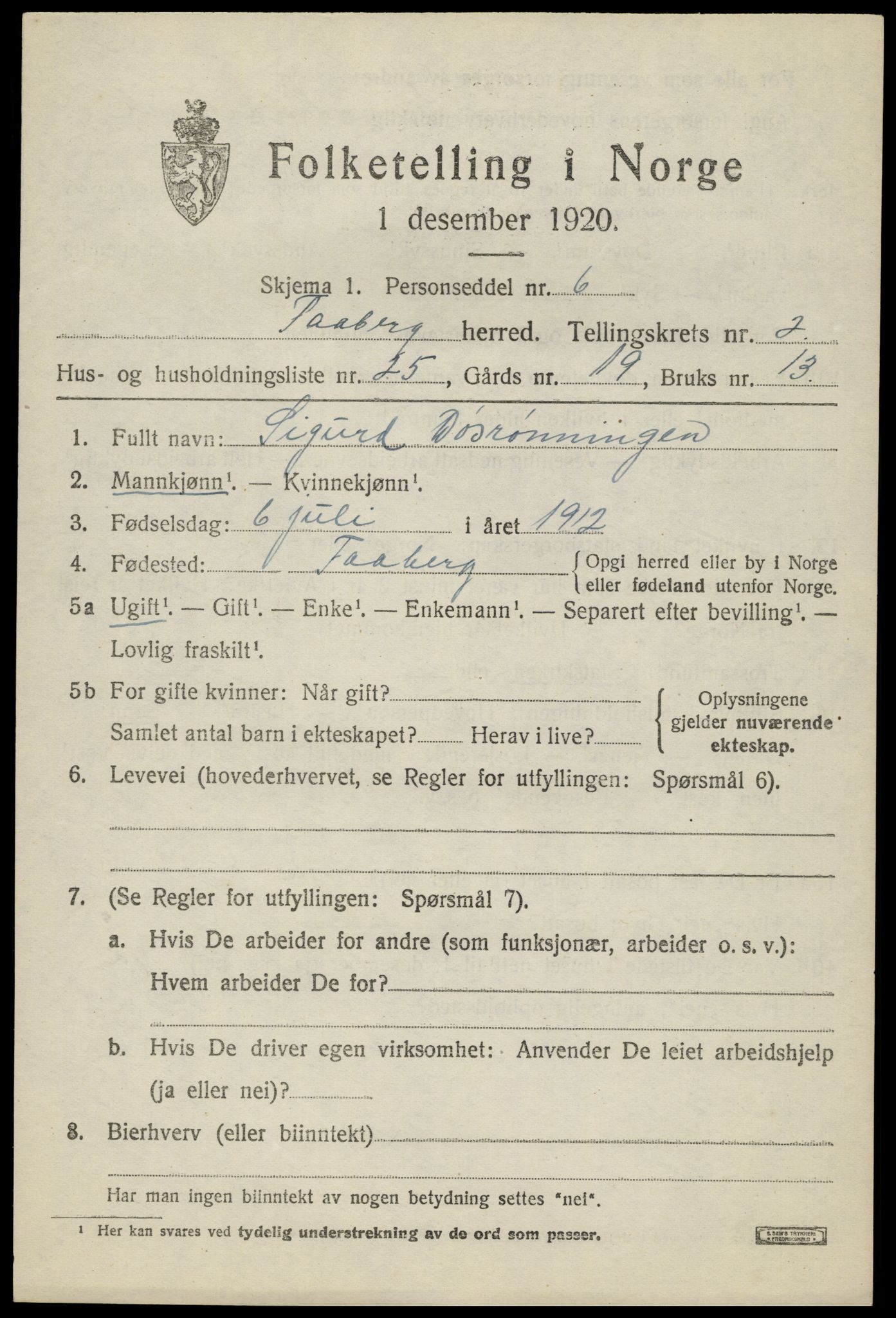 SAH, 1920 census for Fåberg, 1920, p. 3538