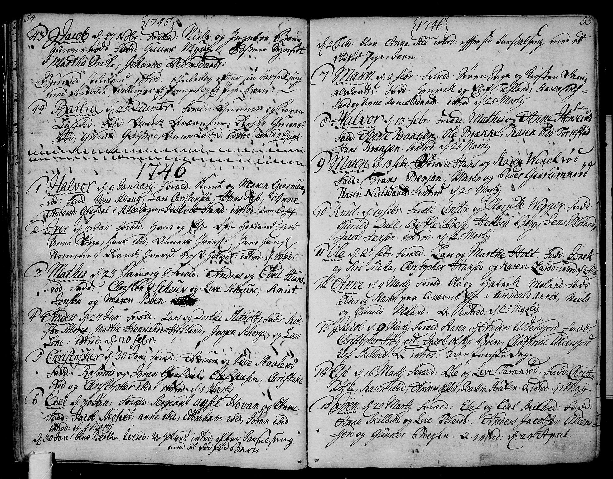 Andebu kirkebøker, AV/SAKO-A-336/F/Fa/L0002: Parish register (official) no. 2, 1733-1802, p. 54-55