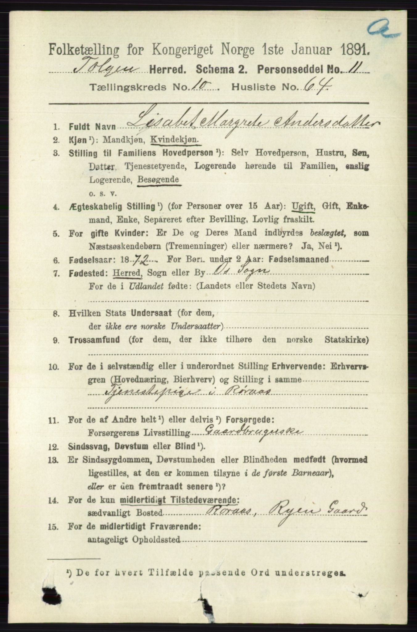 RA, 1891 census for 0436 Tolga, 1891, p. 3025