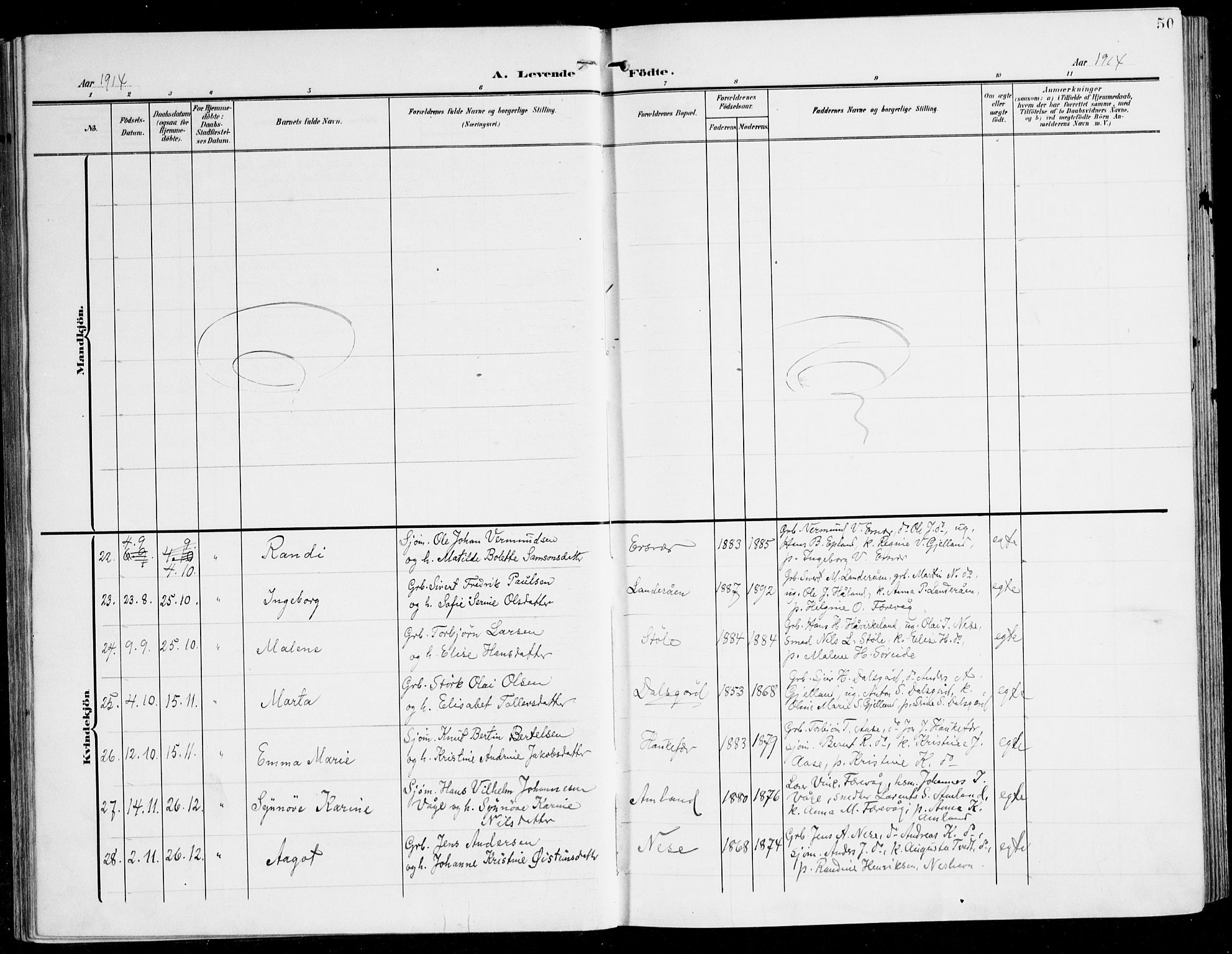 Tysnes sokneprestembete, AV/SAB-A-78601/H/Haa: Parish register (official) no. D 2, 1905-1922, p. 50