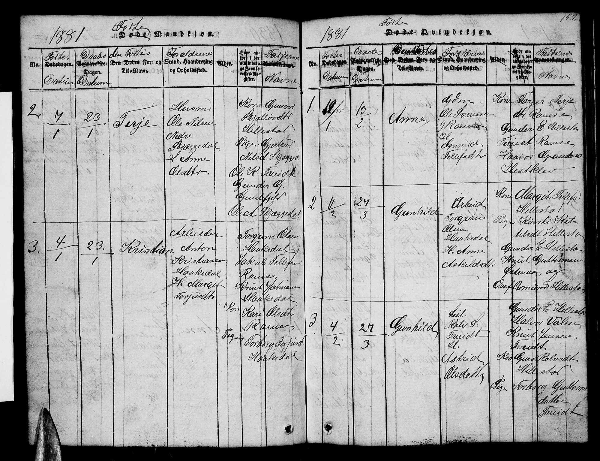 Åmli sokneprestkontor, AV/SAK-1111-0050/F/Fb/Fbb/L0001: Parish register (copy) no. B 1, 1816-1889, p. 157