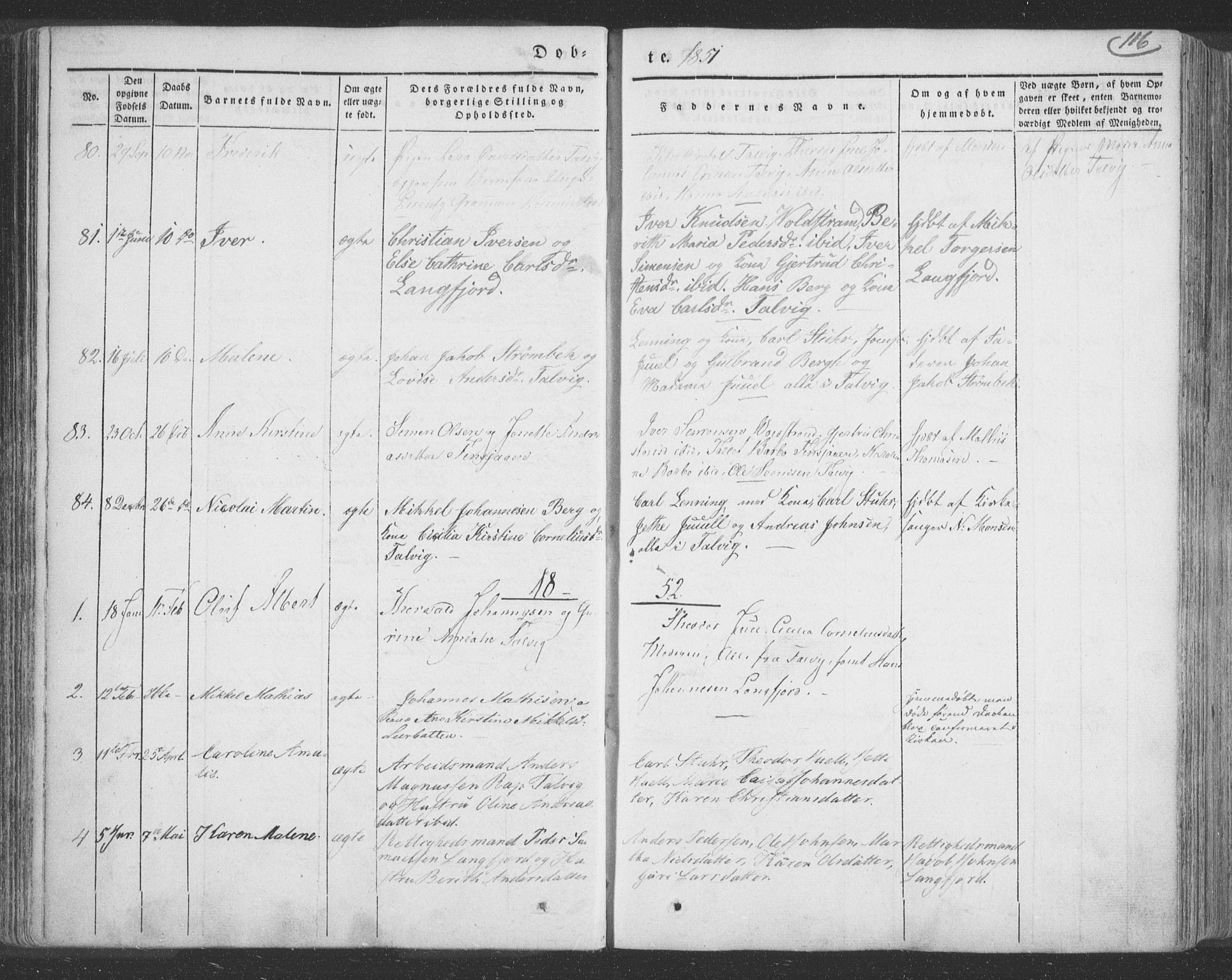 Talvik sokneprestkontor, SATØ/S-1337/H/Ha/L0009kirke: Parish register (official) no. 9, 1837-1852, p. 116