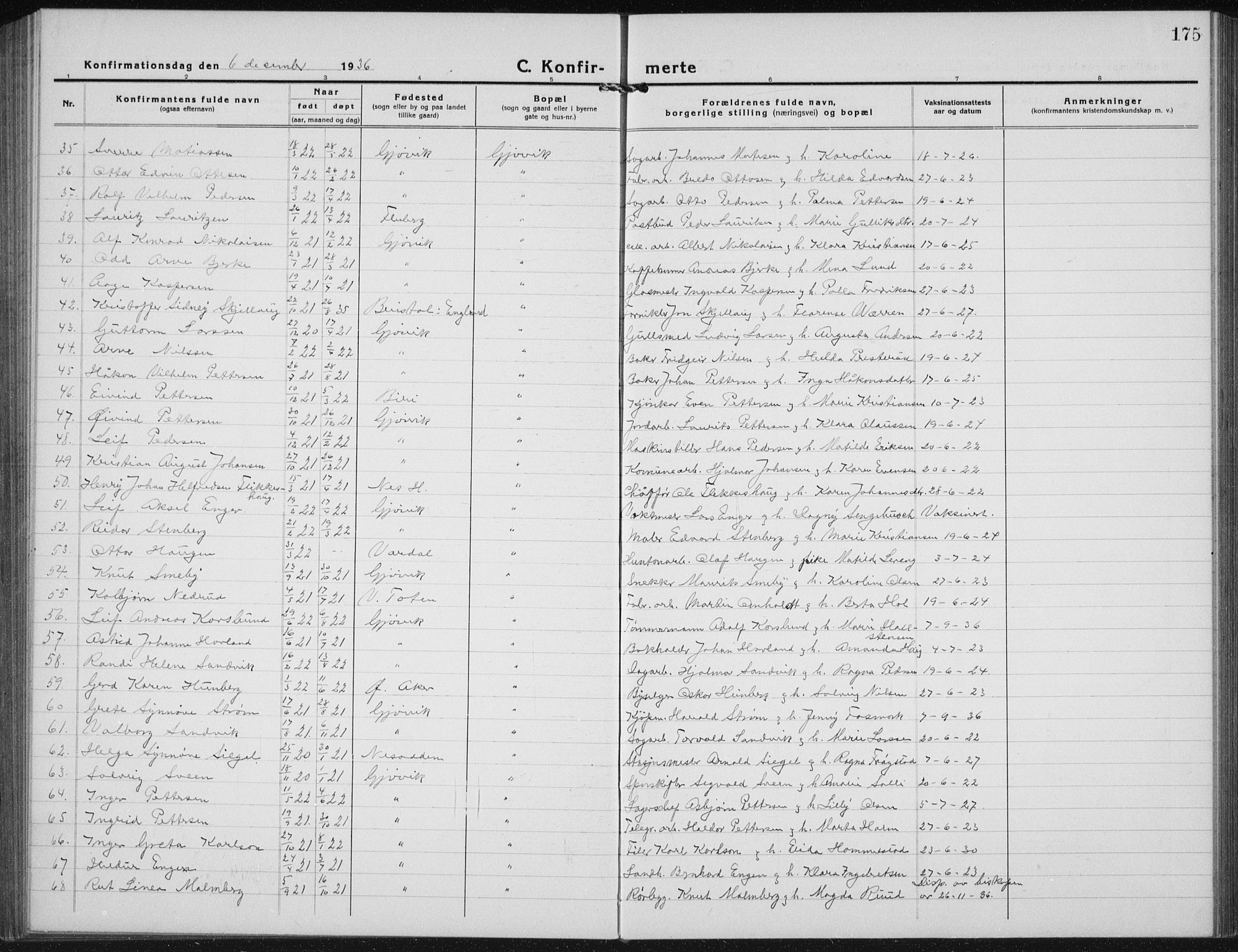 Vardal prestekontor, SAH/PREST-100/H/Ha/Hab/L0017: Parish register (copy) no. 17, 1922-1941, p. 175