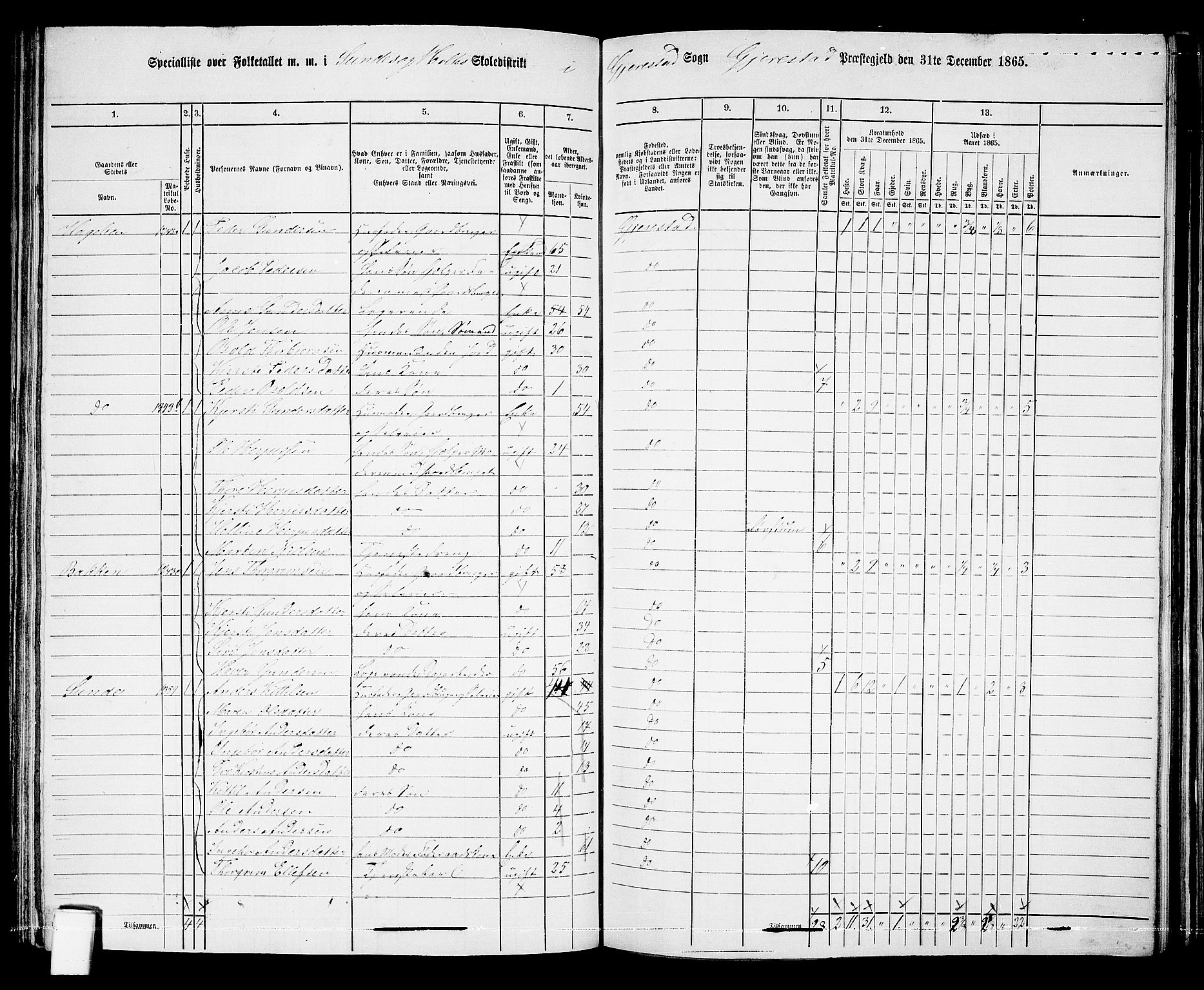 RA, 1865 census for Gjerstad, 1865, p. 107