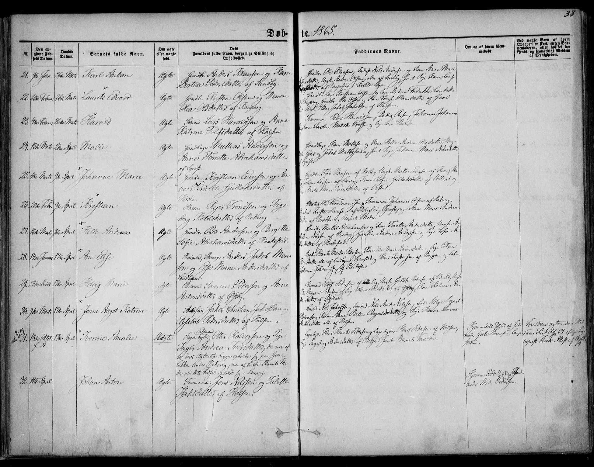 Tjølling kirkebøker, SAKO/A-60/F/Fa/L0007: Parish register (official) no. 7, 1860-1876, p. 38