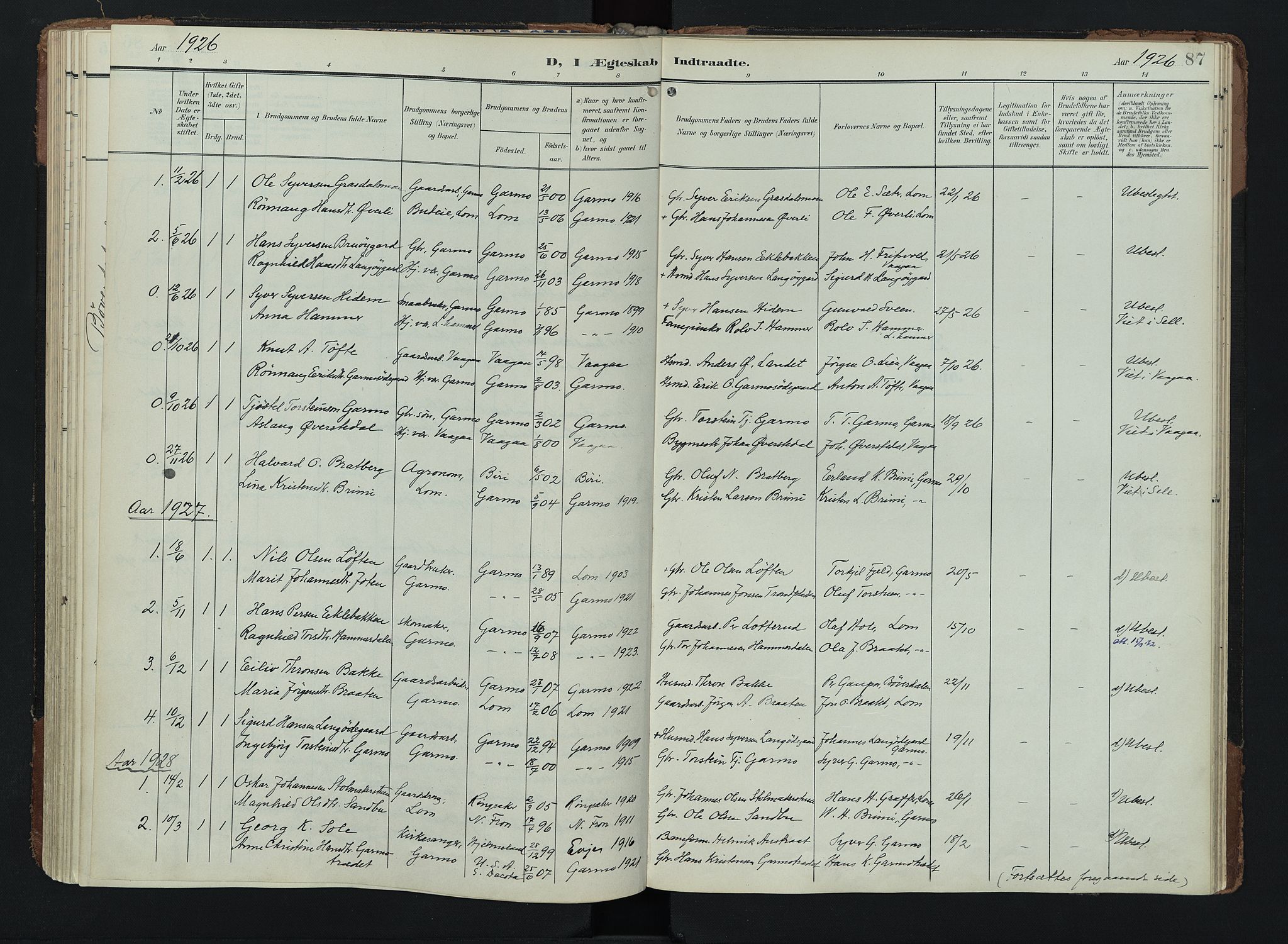 Lom prestekontor, AV/SAH-PREST-070/K/L0011: Parish register (official) no. 11, 1904-1928, p. 87