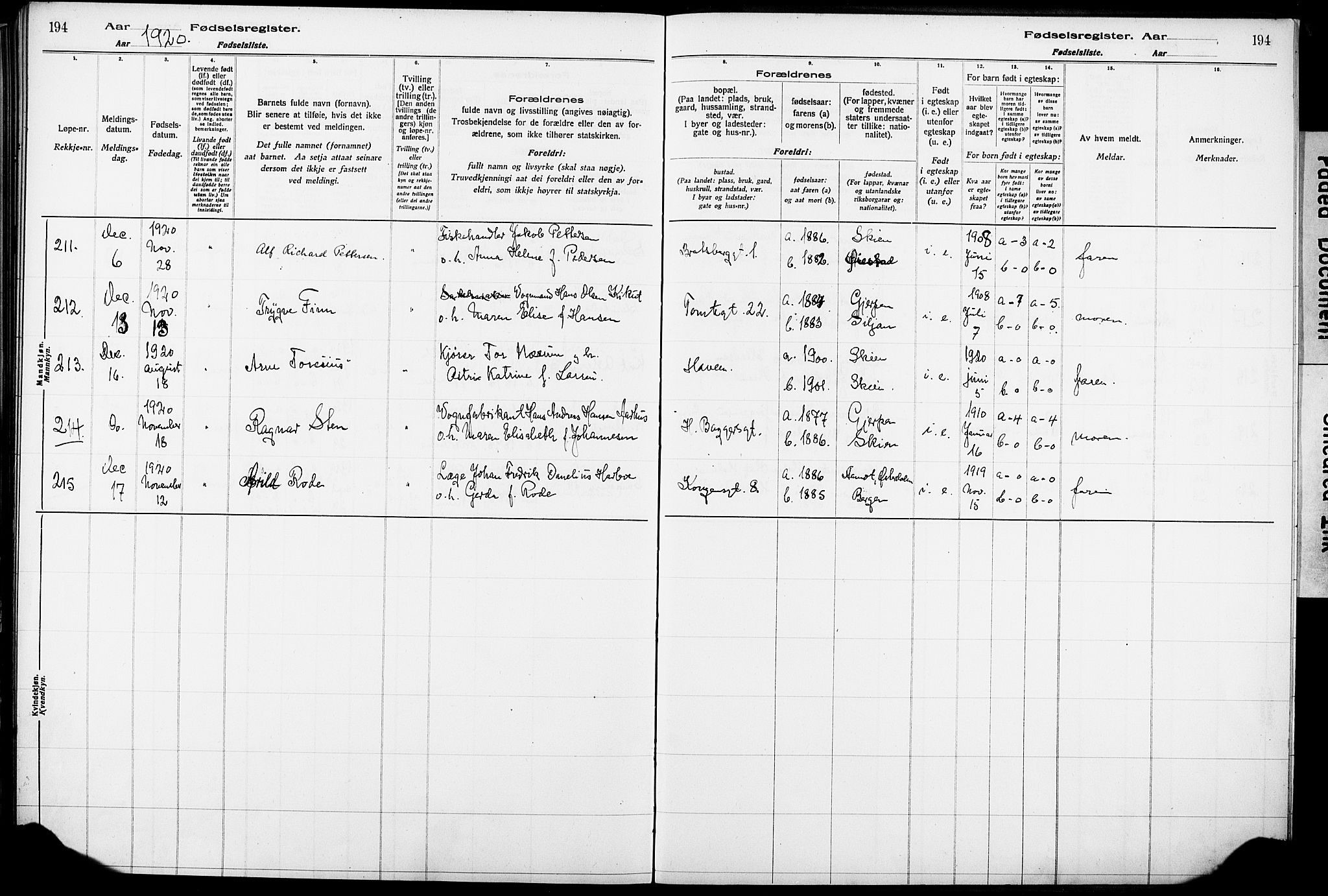 Skien kirkebøker, AV/SAKO-A-302/J/Ja/L0001: Birth register no. 1, 1916-1920, p. 194