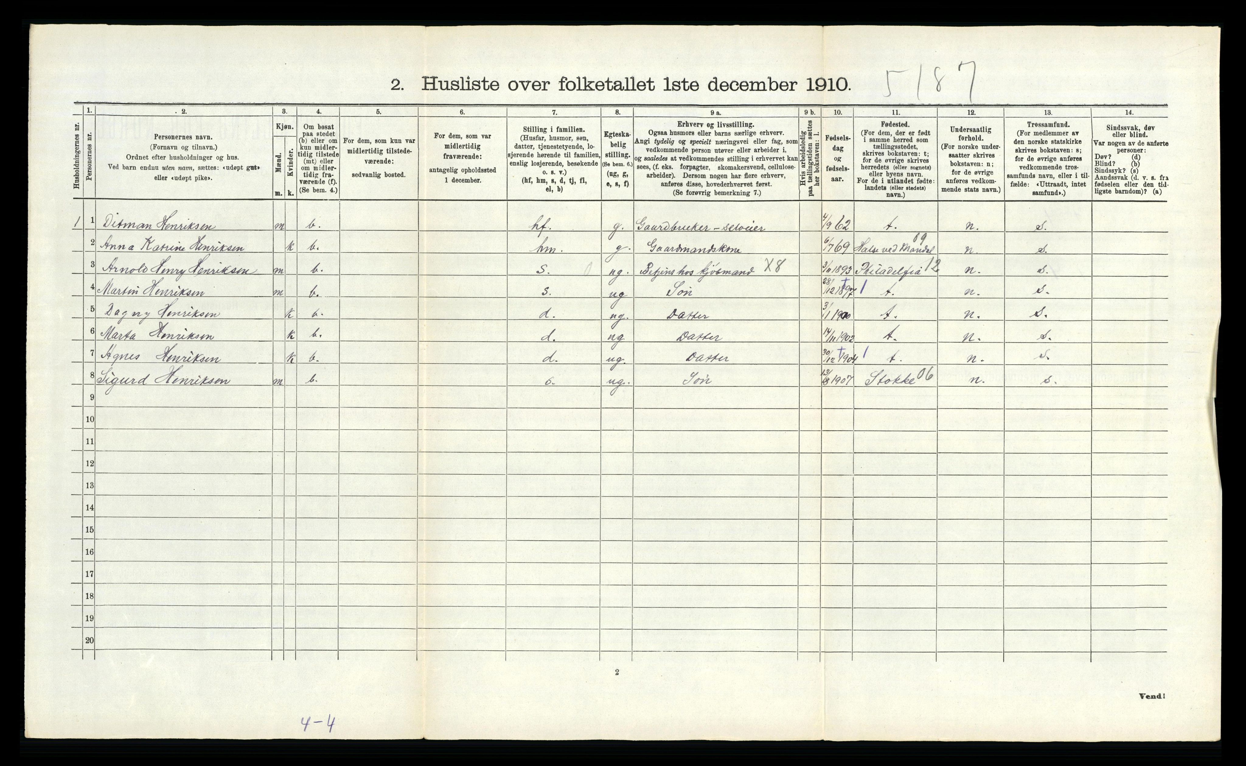 RA, 1910 census for Sandeherred, 1910, p. 1240