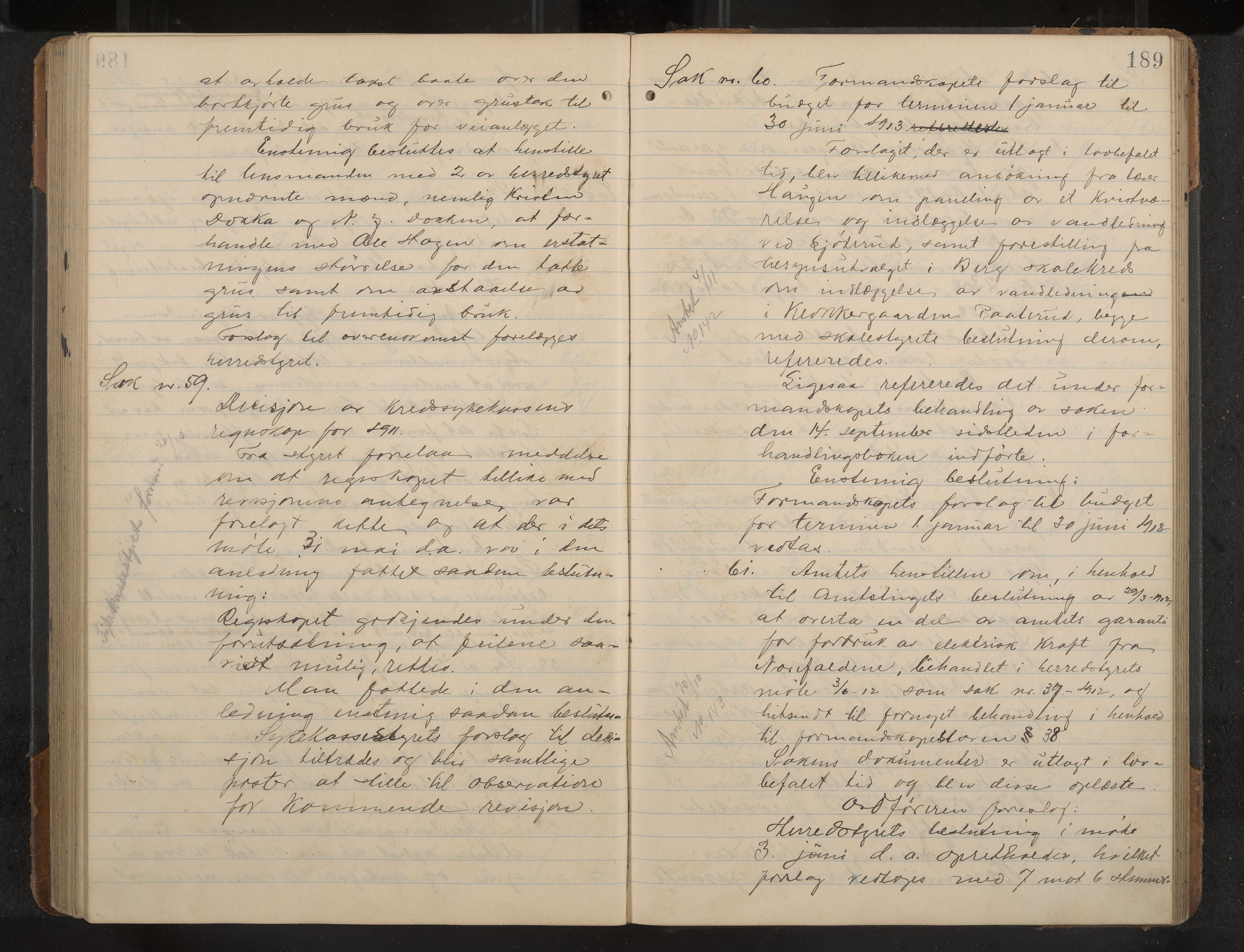 Øvre Sandsvær formannskap og sentraladministrasjon, IKAK/0630021/A/L0001: Møtebok med register, 1908-1913, p. 189