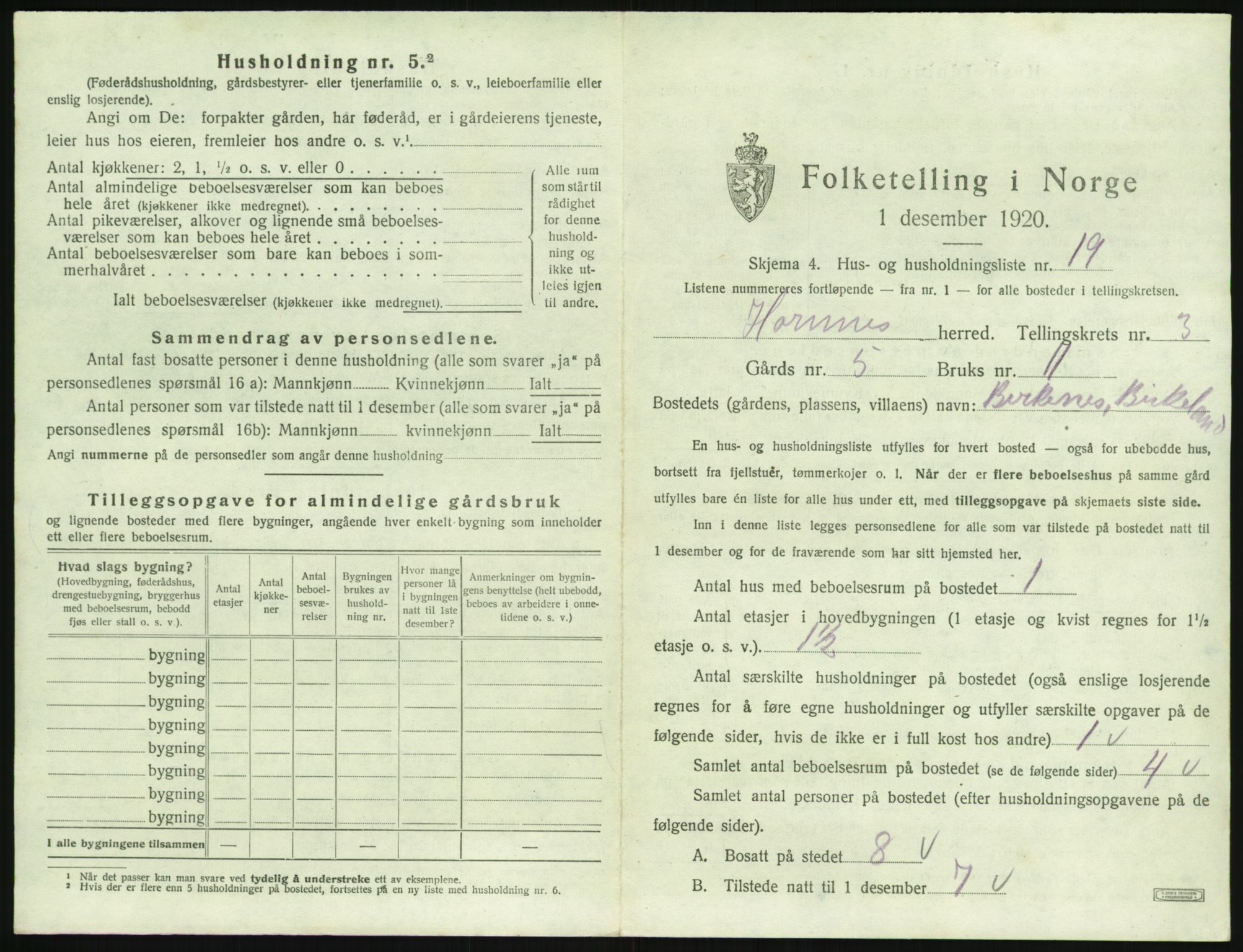 SAK, 1920 census for Hornnes, 1920, p. 153