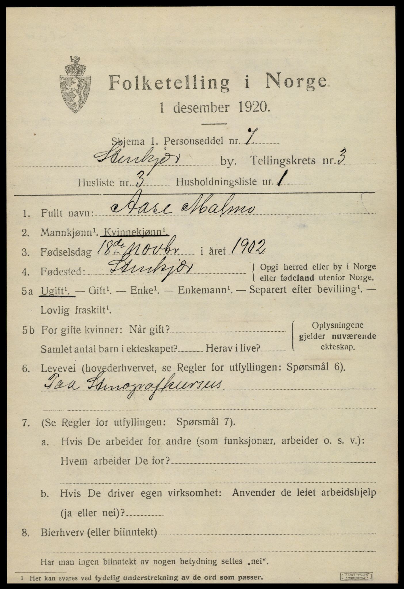 SAT, 1920 census for Steinkjer, 1920, p. 5778