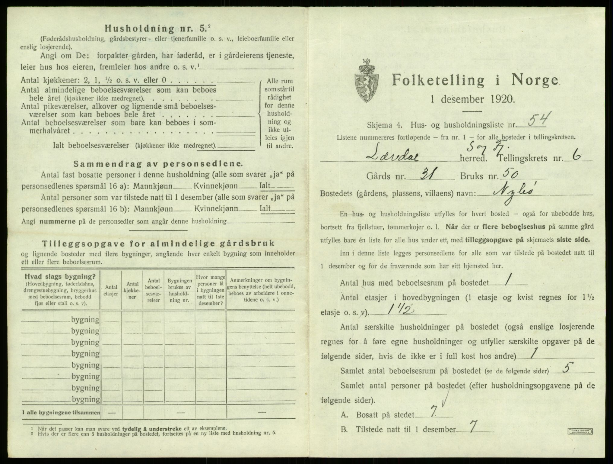 SAB, 1920 census for Lærdal, 1920, p. 528