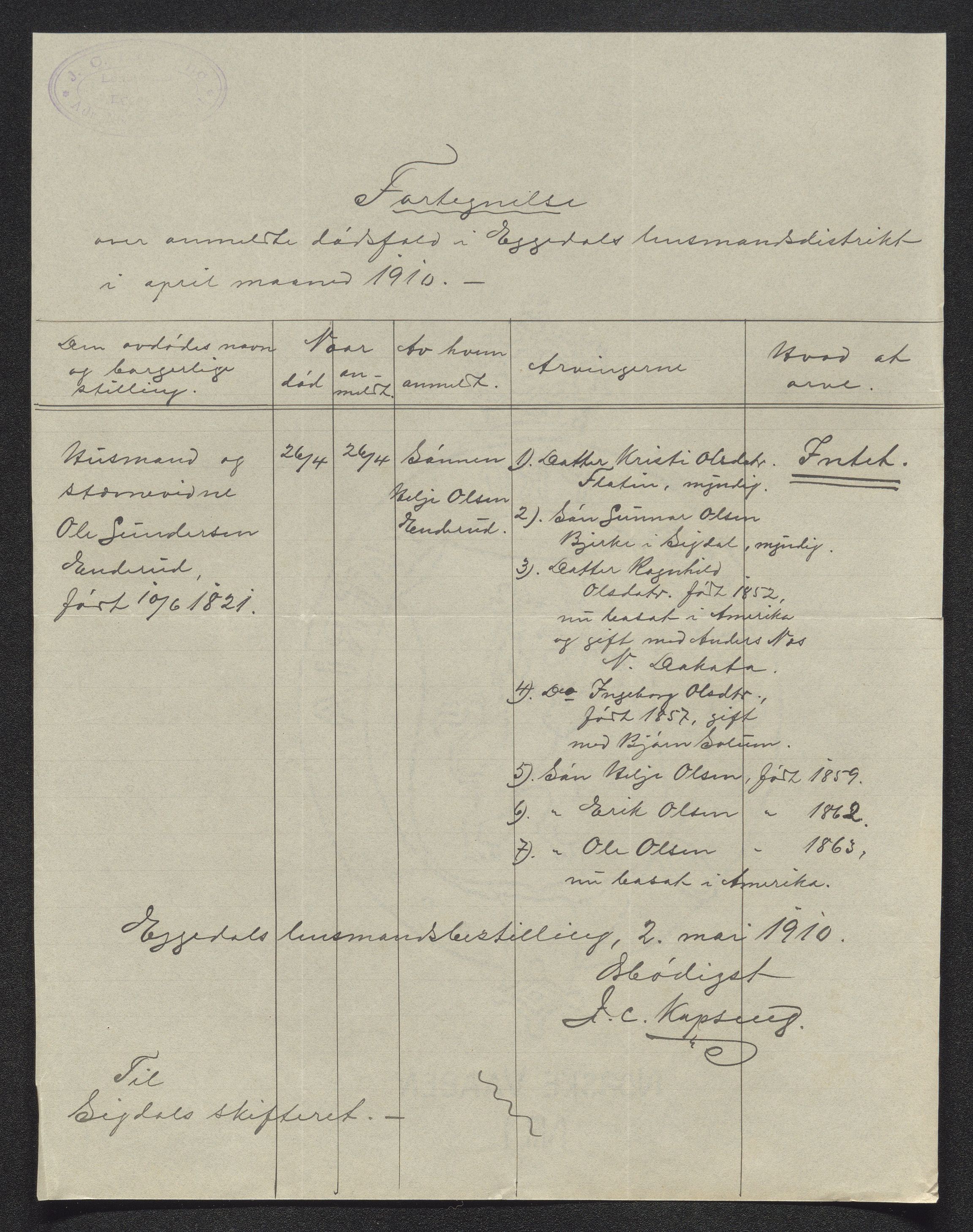 Eiker, Modum og Sigdal sorenskriveri, AV/SAKO-A-123/H/Ha/Hab/L0033: Dødsfallsmeldinger, 1909-1910, p. 785