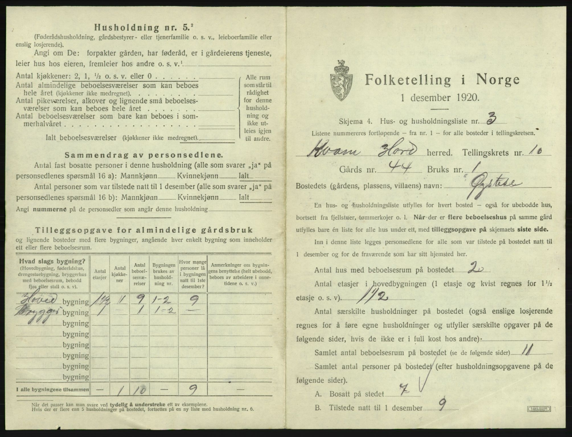 SAB, 1920 census for Kvam, 1920, p. 843