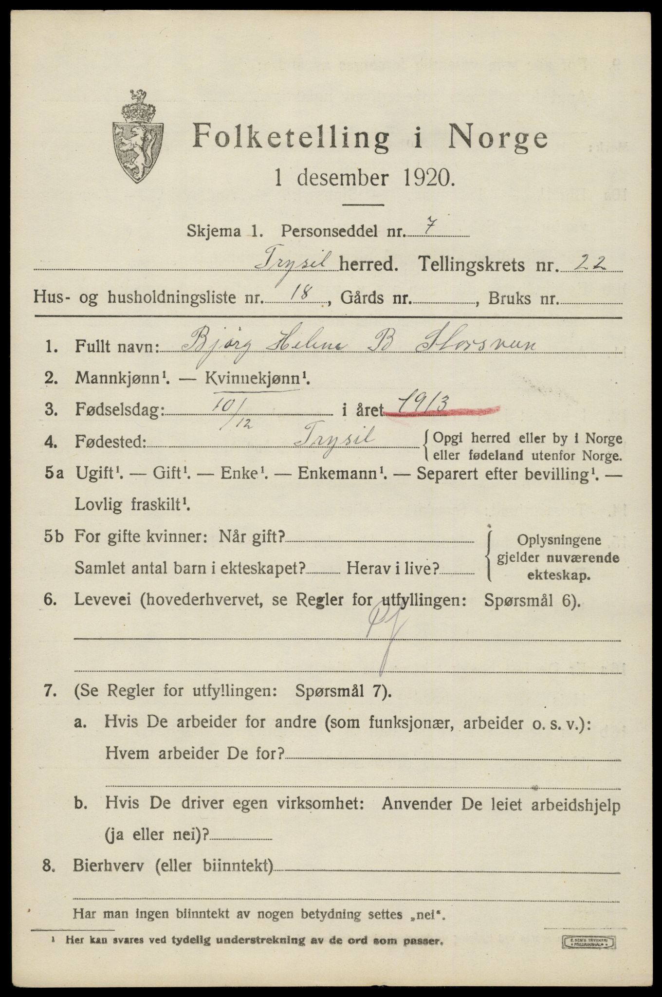 SAH, 1920 census for Trysil, 1920, p. 14825