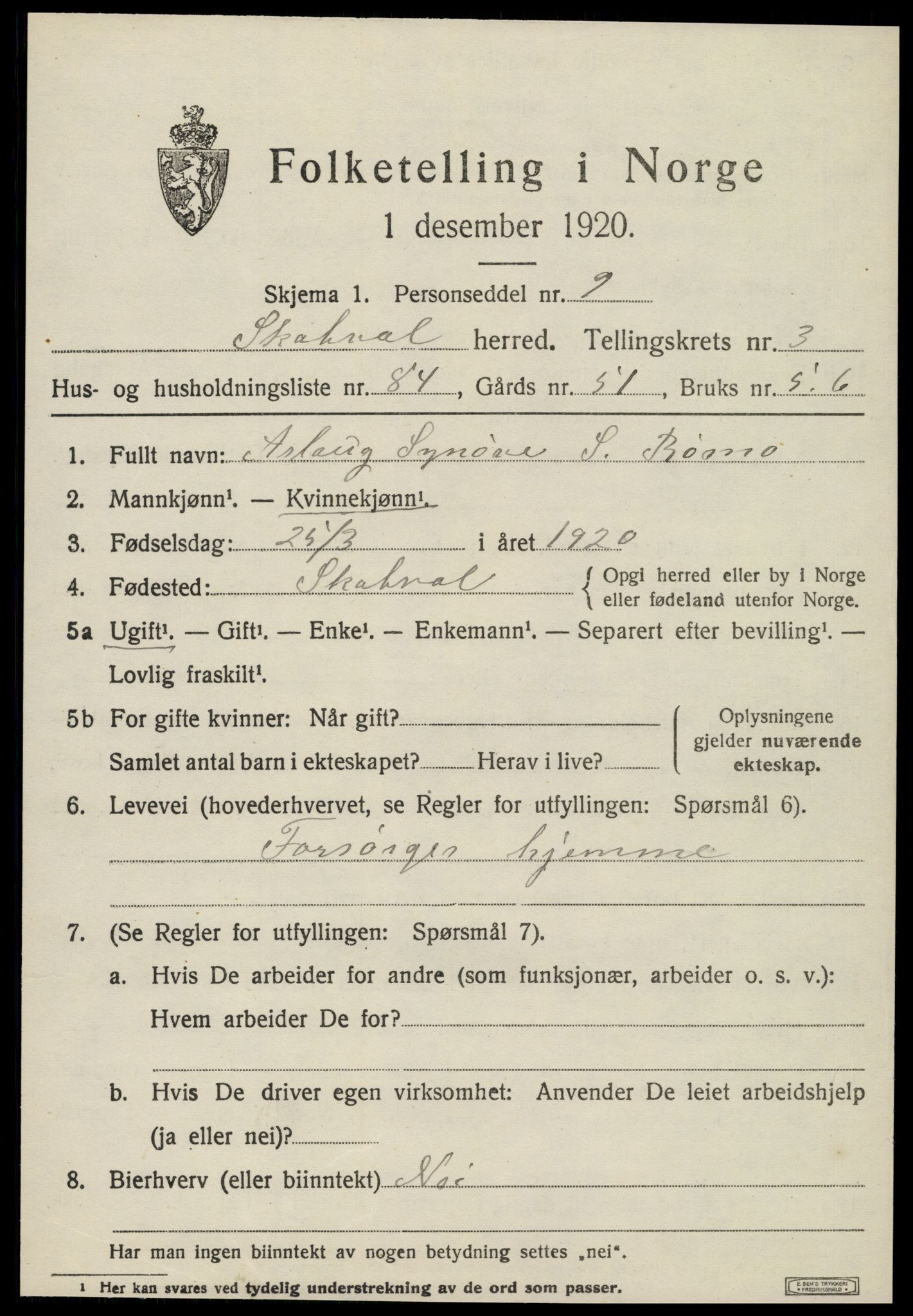 SAT, 1920 census for Skatval, 1920, p. 2451