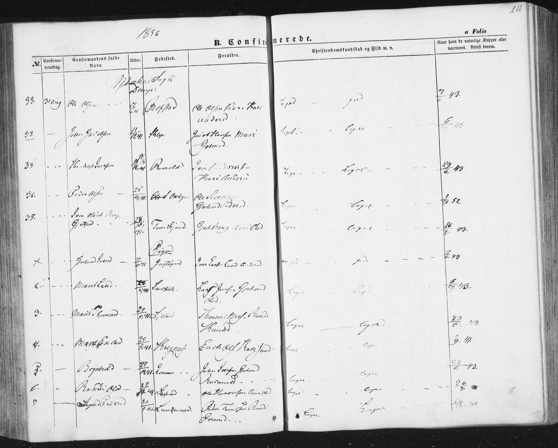 Ministerialprotokoller, klokkerbøker og fødselsregistre - Sør-Trøndelag, AV/SAT-A-1456/691/L1076: Parish register (official) no. 691A08, 1852-1861, p. 212