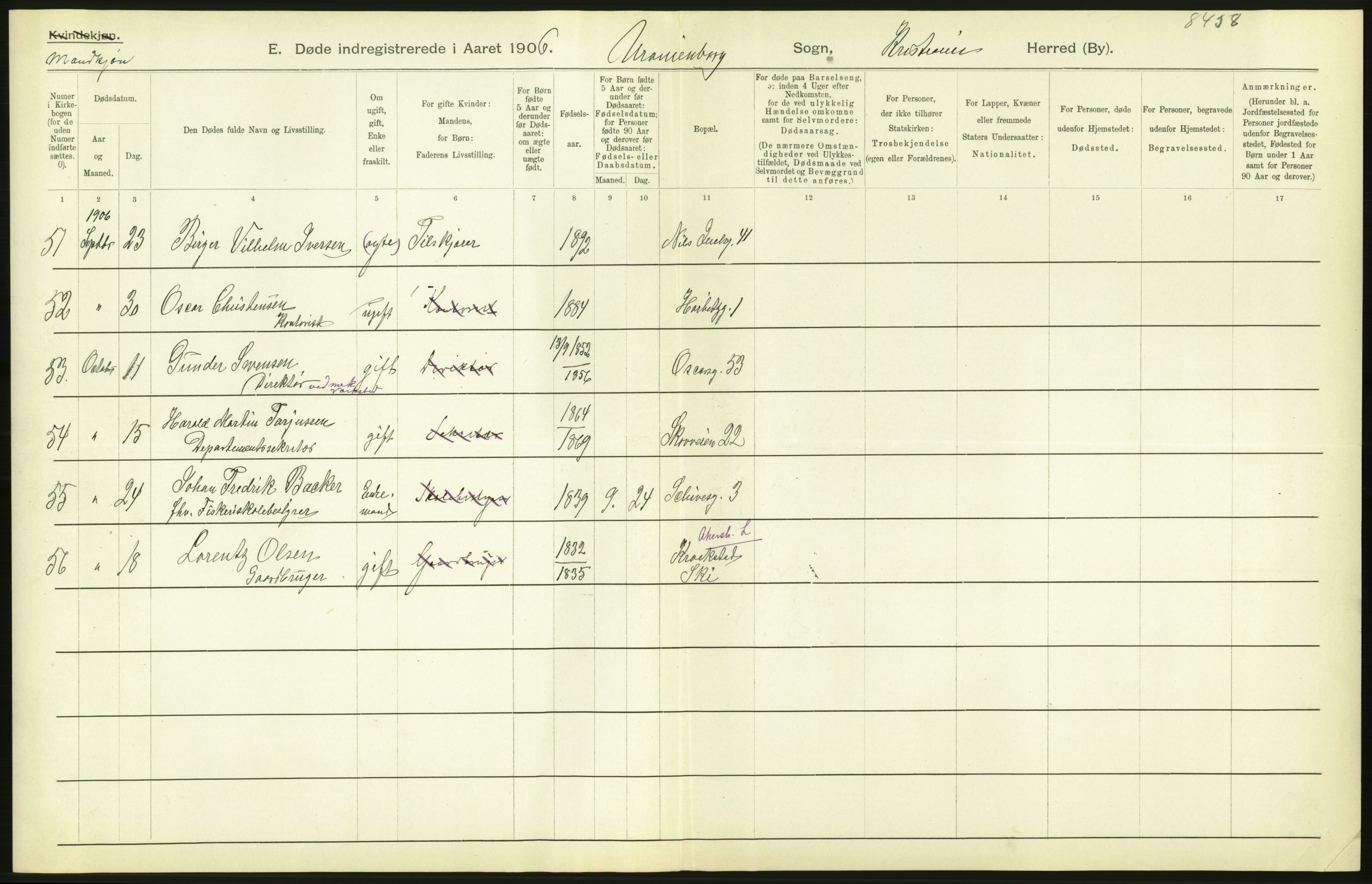 Statistisk sentralbyrå, Sosiodemografiske emner, Befolkning, AV/RA-S-2228/D/Df/Dfa/Dfad/L0009: Kristiania: Døde, 1906, p. 512