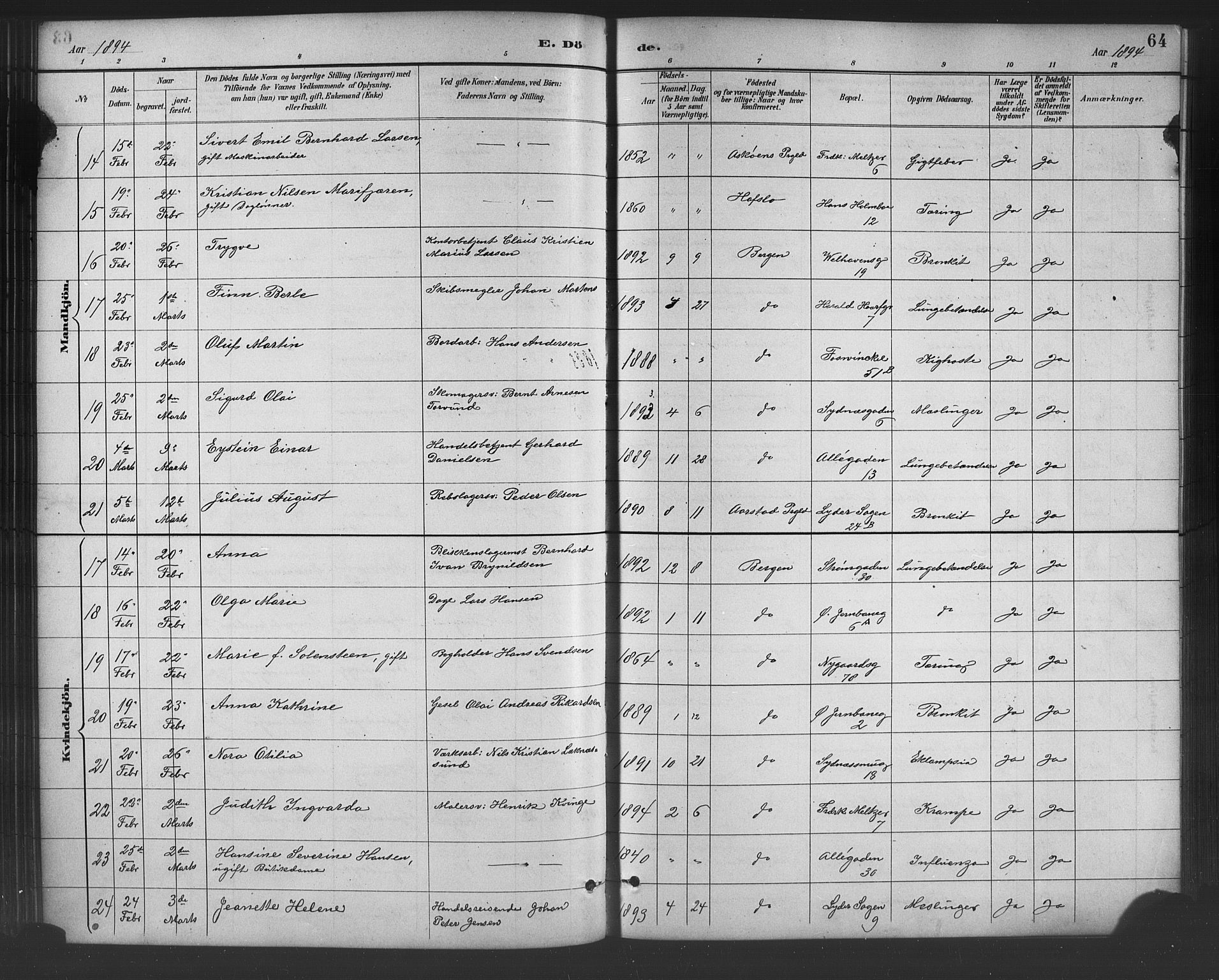 Johanneskirken sokneprestembete, AV/SAB-A-76001/H/Hab: Parish register (copy) no. D 1, 1885-1915, p. 64