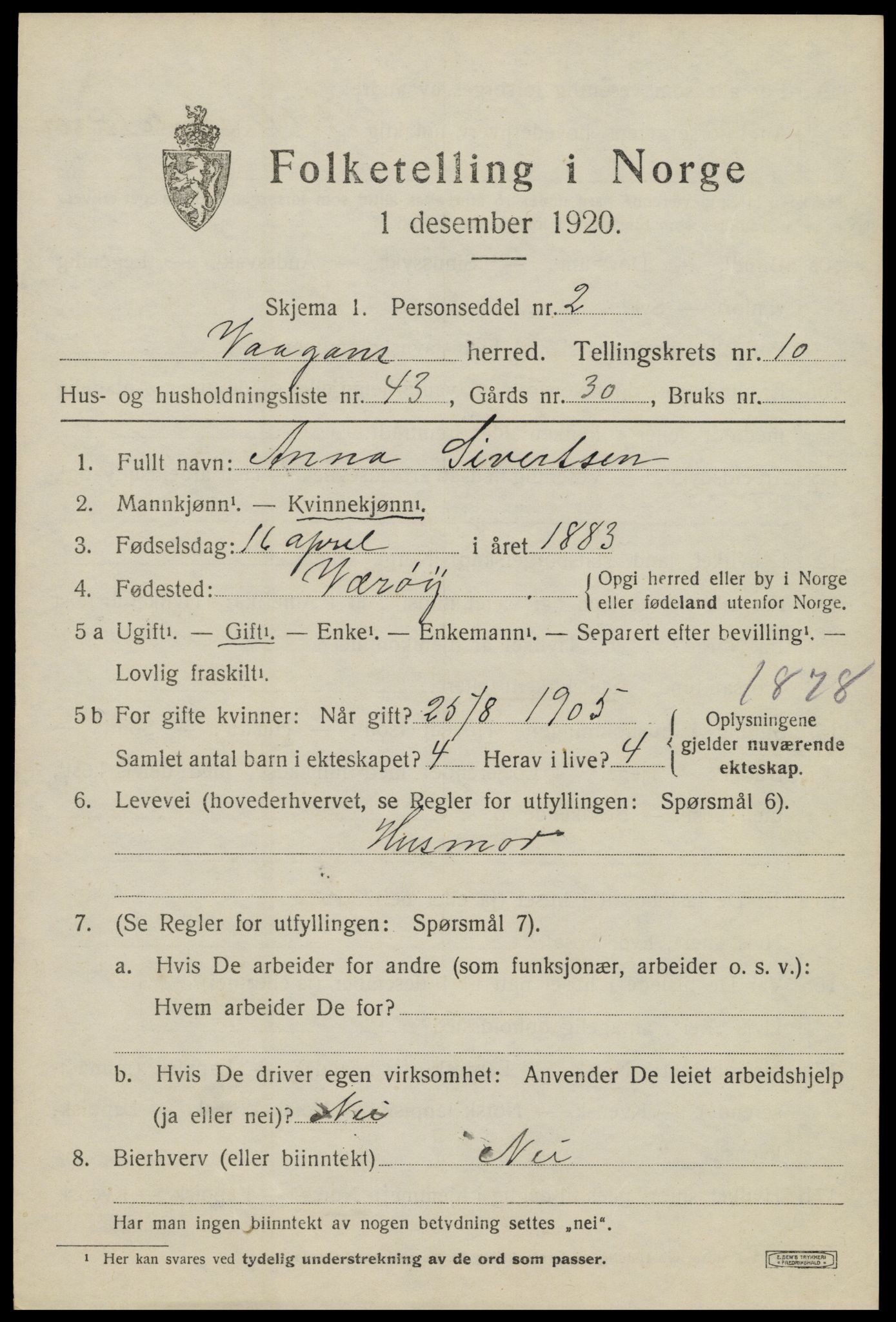 SAT, 1920 census for Vågan, 1920, p. 9373