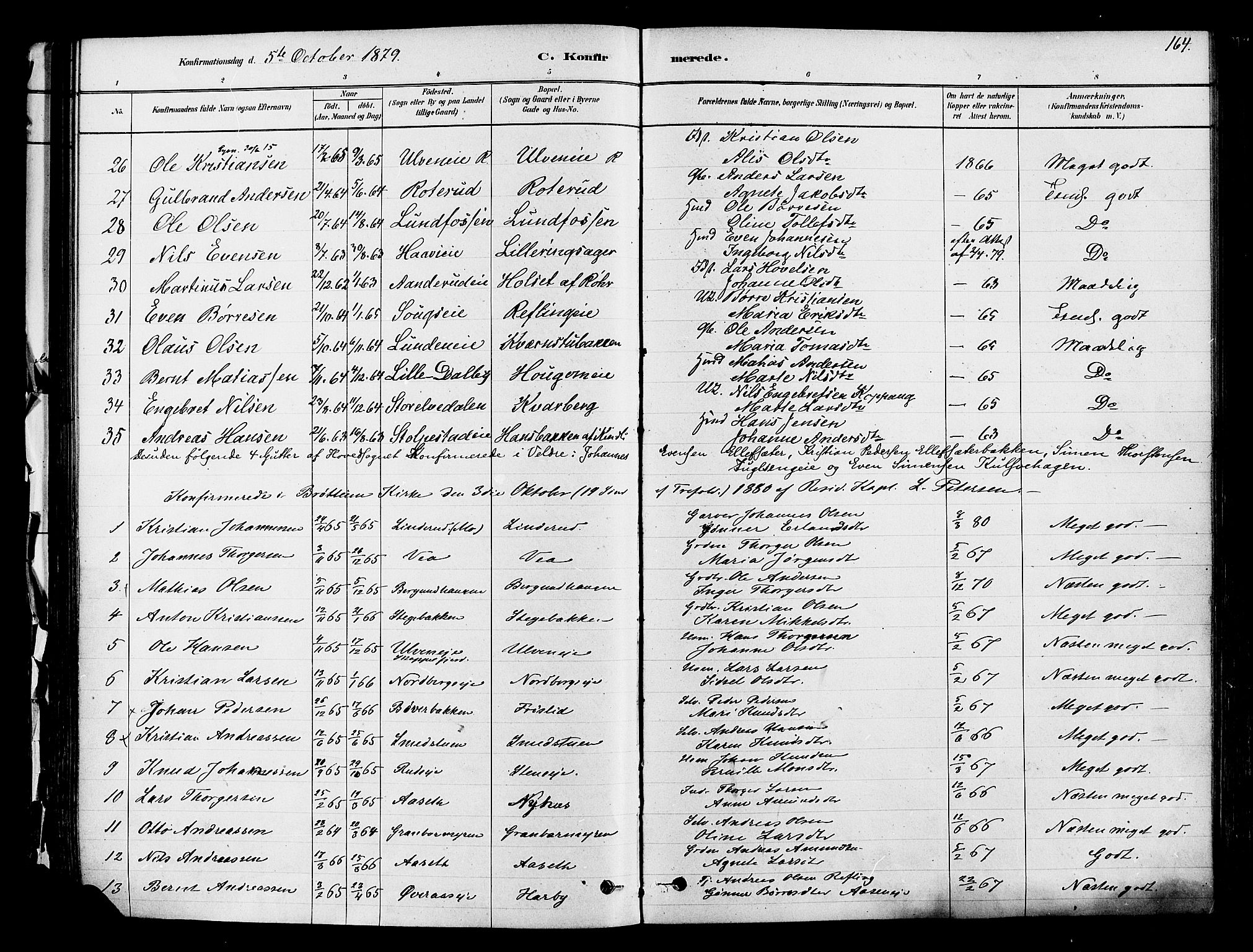 Ringsaker prestekontor, SAH/PREST-014/K/Ka/L0012: Parish register (official) no. 12, 1879-1890, p. 164