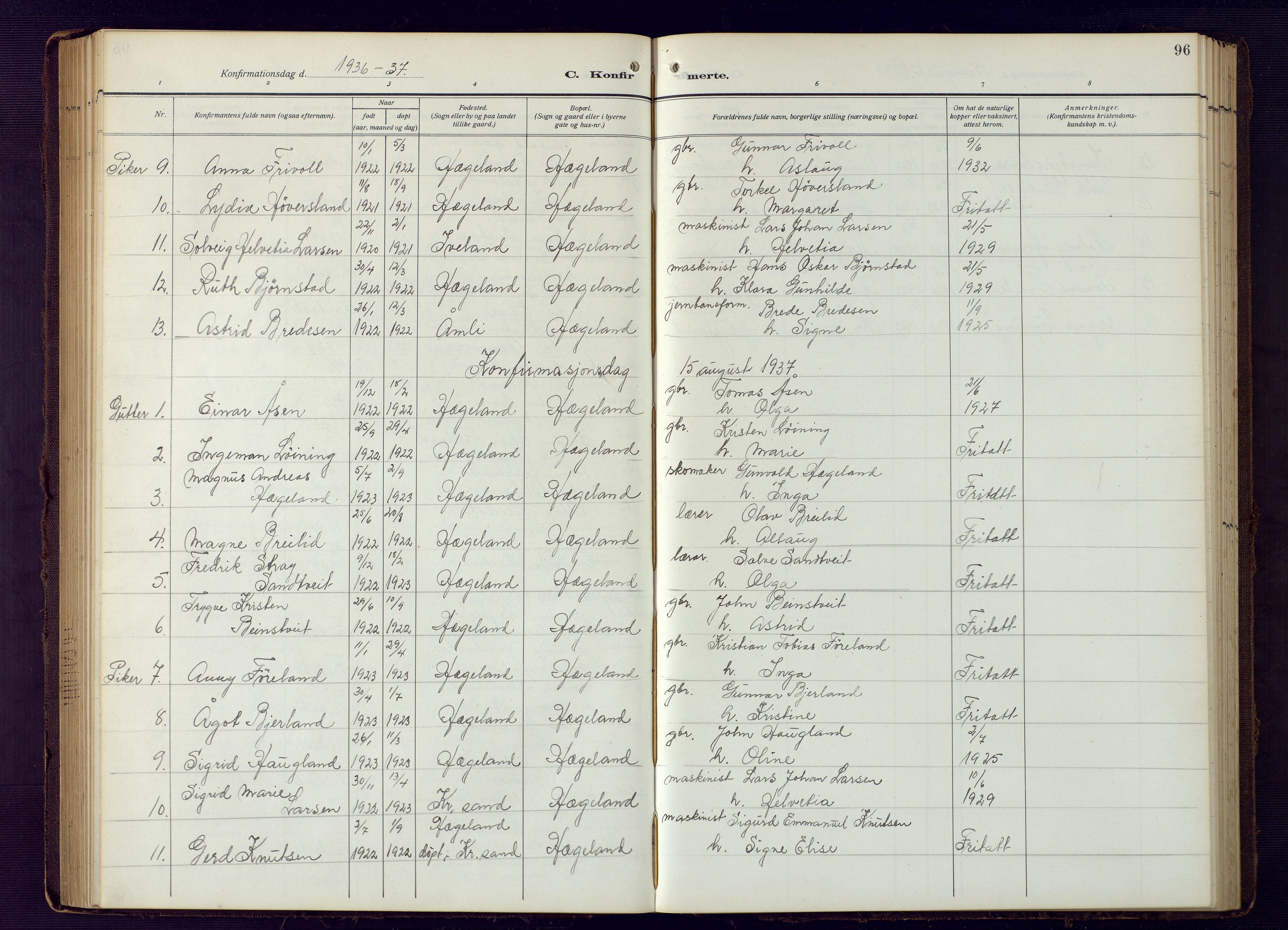 Vennesla sokneprestkontor, SAK/1111-0045/Fb/Fba/L0004: Parish register (copy) no. B 4, 1917-1948, p. 96