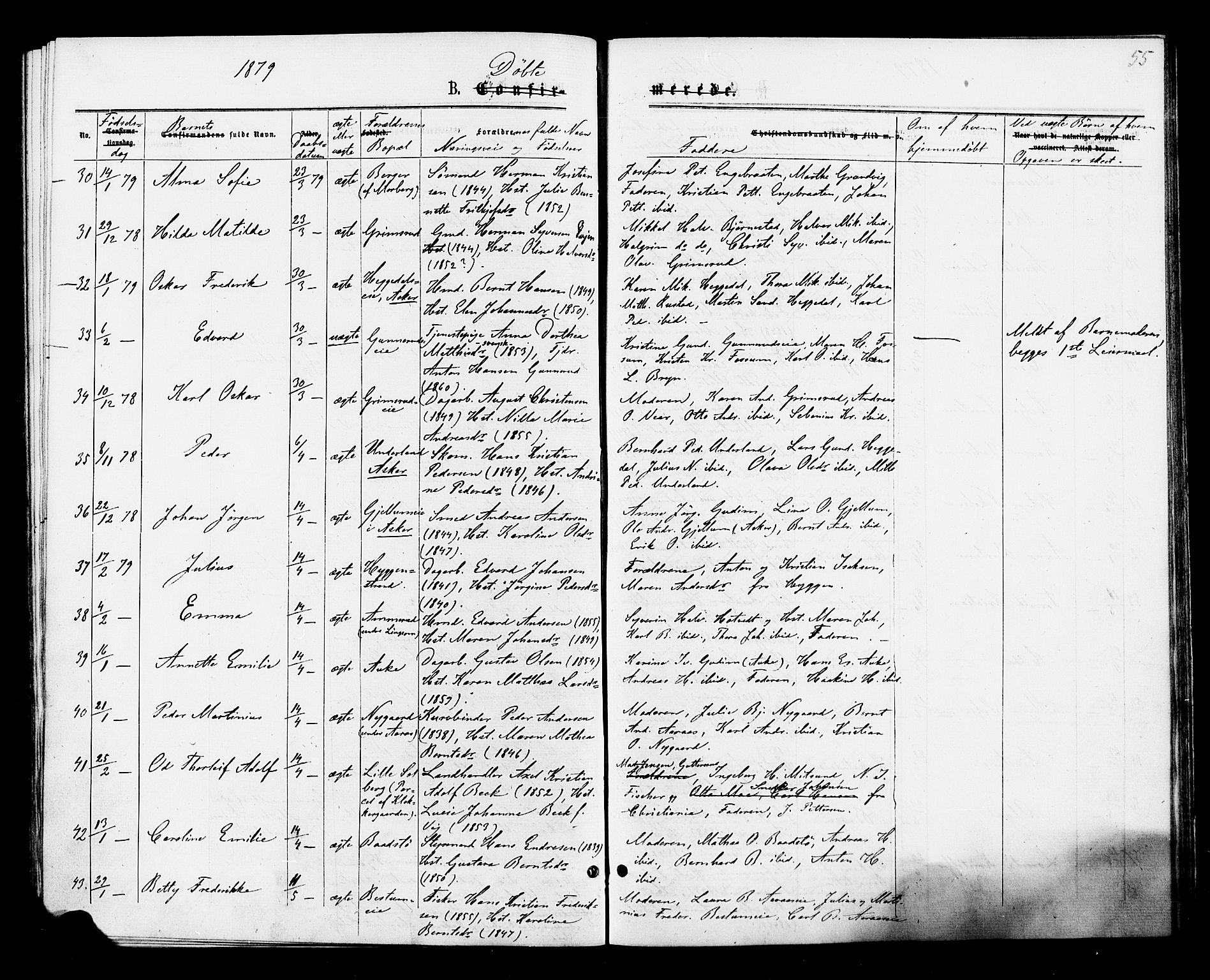Røyken kirkebøker, SAKO/A-241/F/Fa/L0007: Parish register (official) no. 7, 1876-1879, p. 55