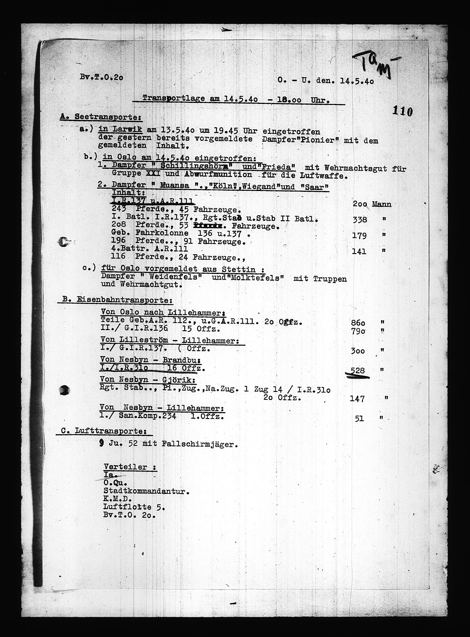 Documents Section, AV/RA-RAFA-2200/V/L0083: Amerikansk mikrofilm "Captured German Documents".
Box No. 722.  FKA jnr. 615/1954., 1940, p. 254