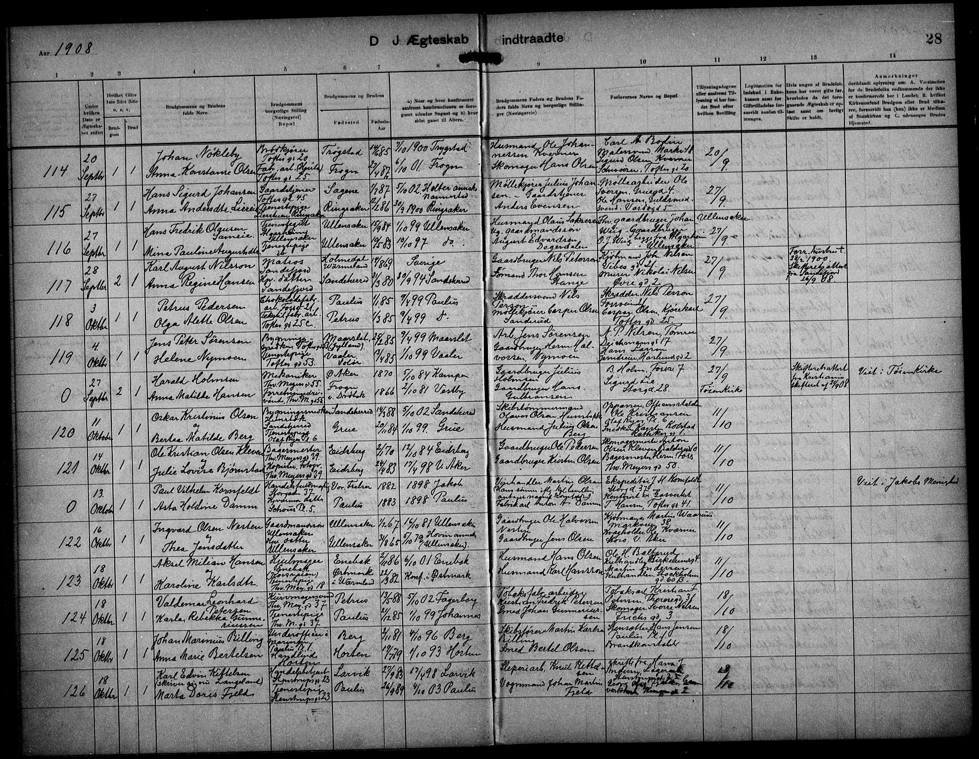 Paulus prestekontor Kirkebøker, AV/SAO-A-10871/F/Fa/L0017: Parish register (official) no. 17, 1906-1917, p. 28