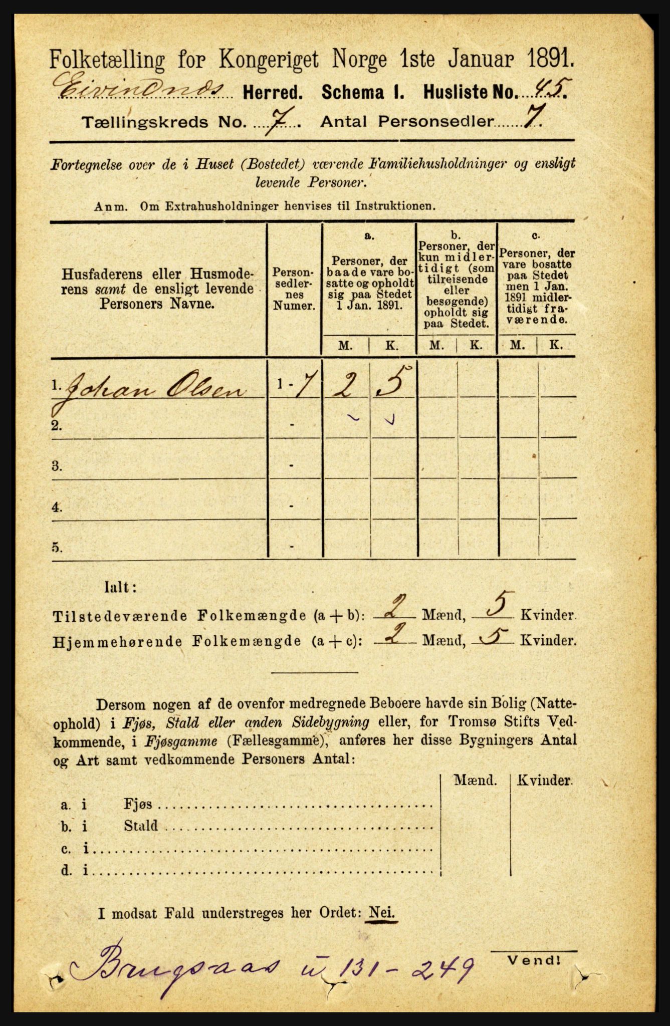 RA, 1891 census for 1853 Evenes, 1891, p. 2166