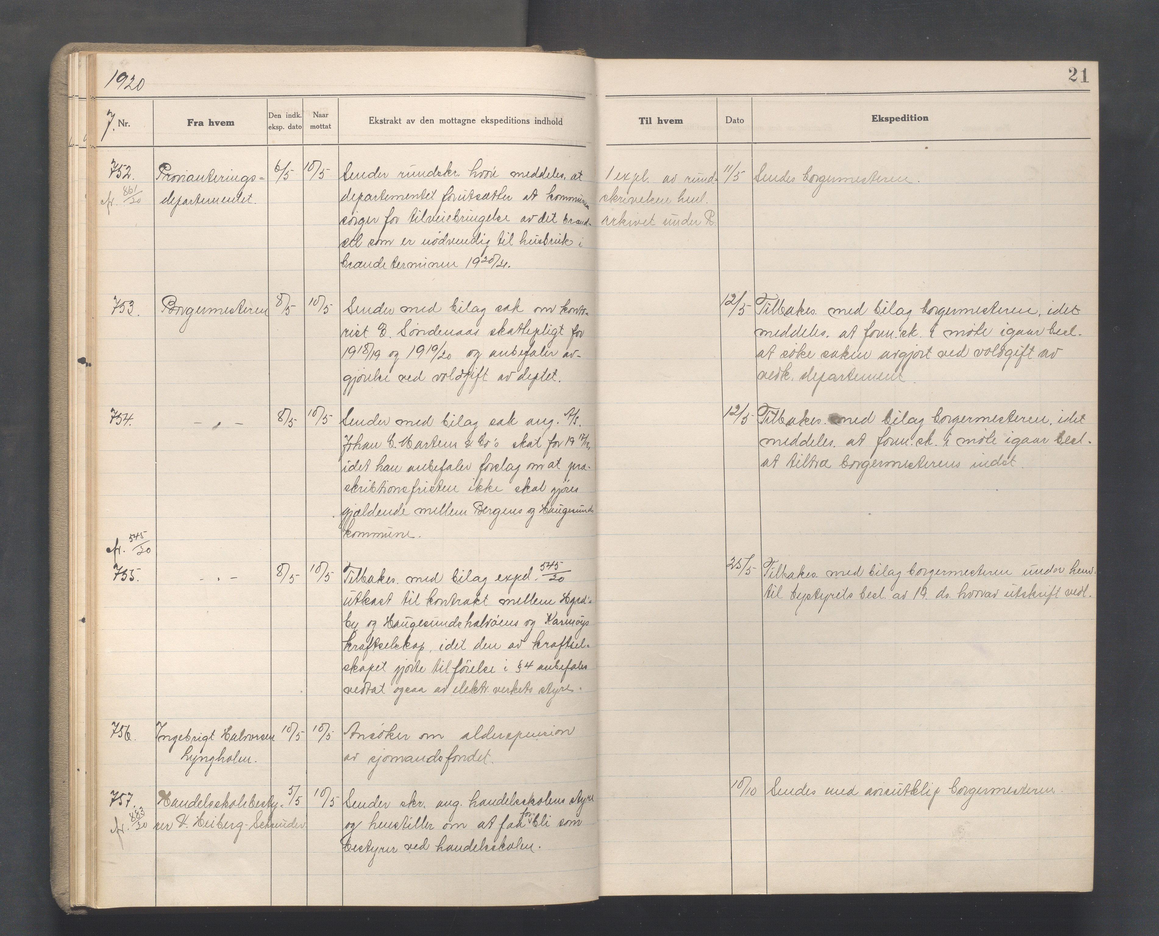 Haugesund kommune - Formannskapet, IKAR/X-0001/C/L0010: Journal, 1920-1921, p. 21