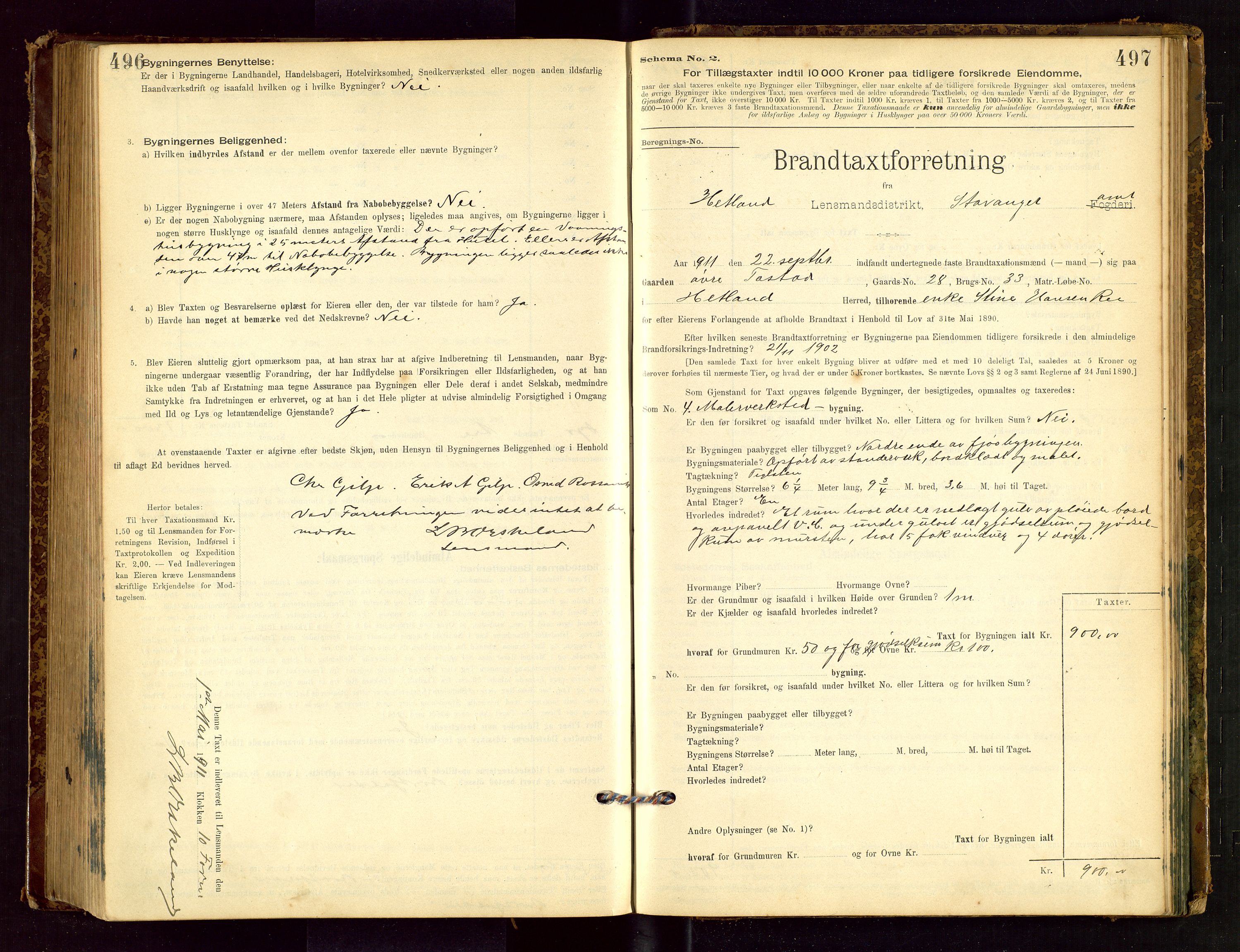 Hetland lensmannskontor, SAST/A-100101/Gob/L0001: "Brandtaxationsprotokol", 1895-1918, p. 496-497
