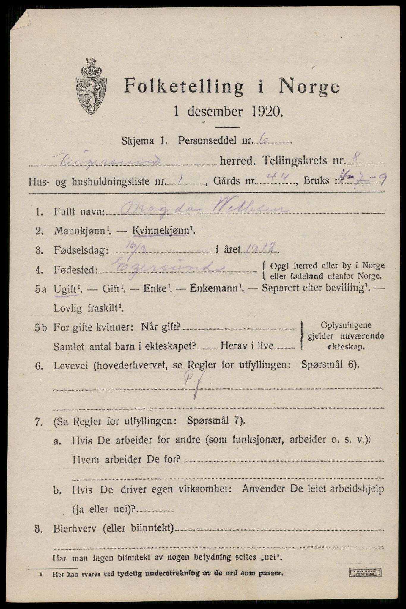 SAST, 1920 census for Eigersund, 1920, p. 5061