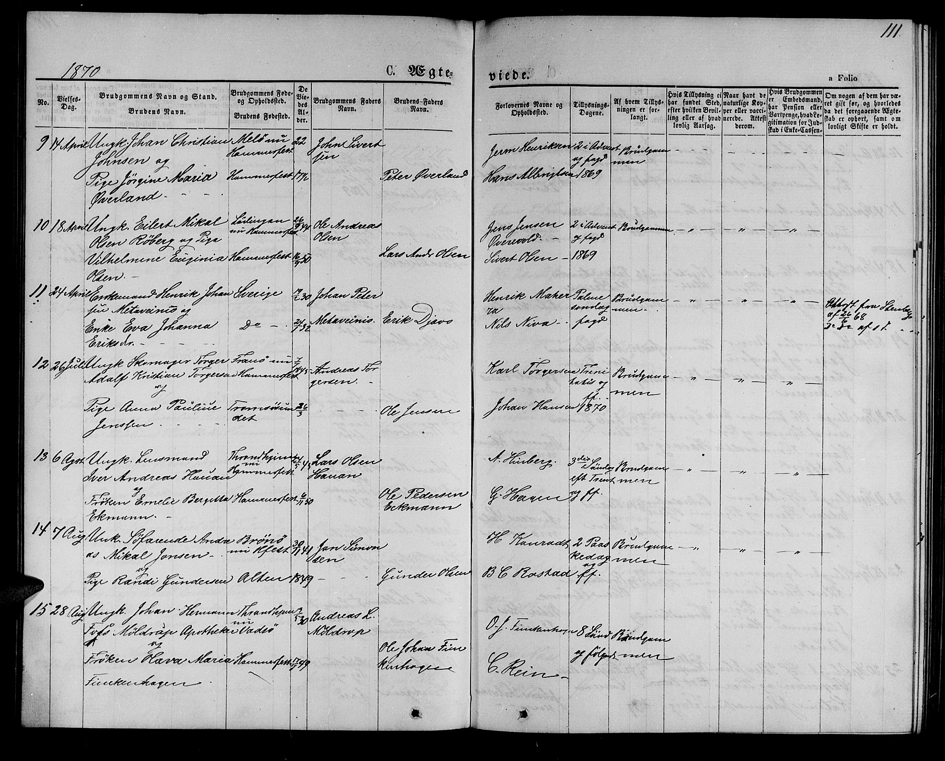 Hammerfest sokneprestkontor, AV/SATØ-S-1347/H/Hb/L0004.klokk: Parish register (copy) no. 4, 1869-1877, p. 111