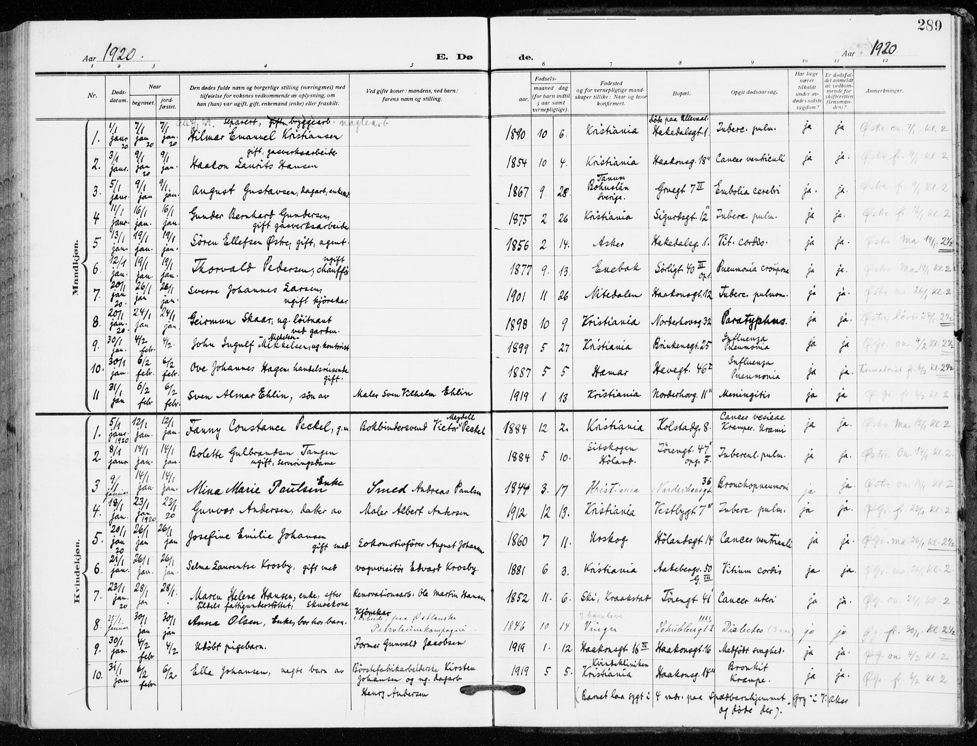 Kampen prestekontor Kirkebøker, SAO/A-10853/F/Fa/L0013: Parish register (official) no. I 13, 1917-1922, p. 289